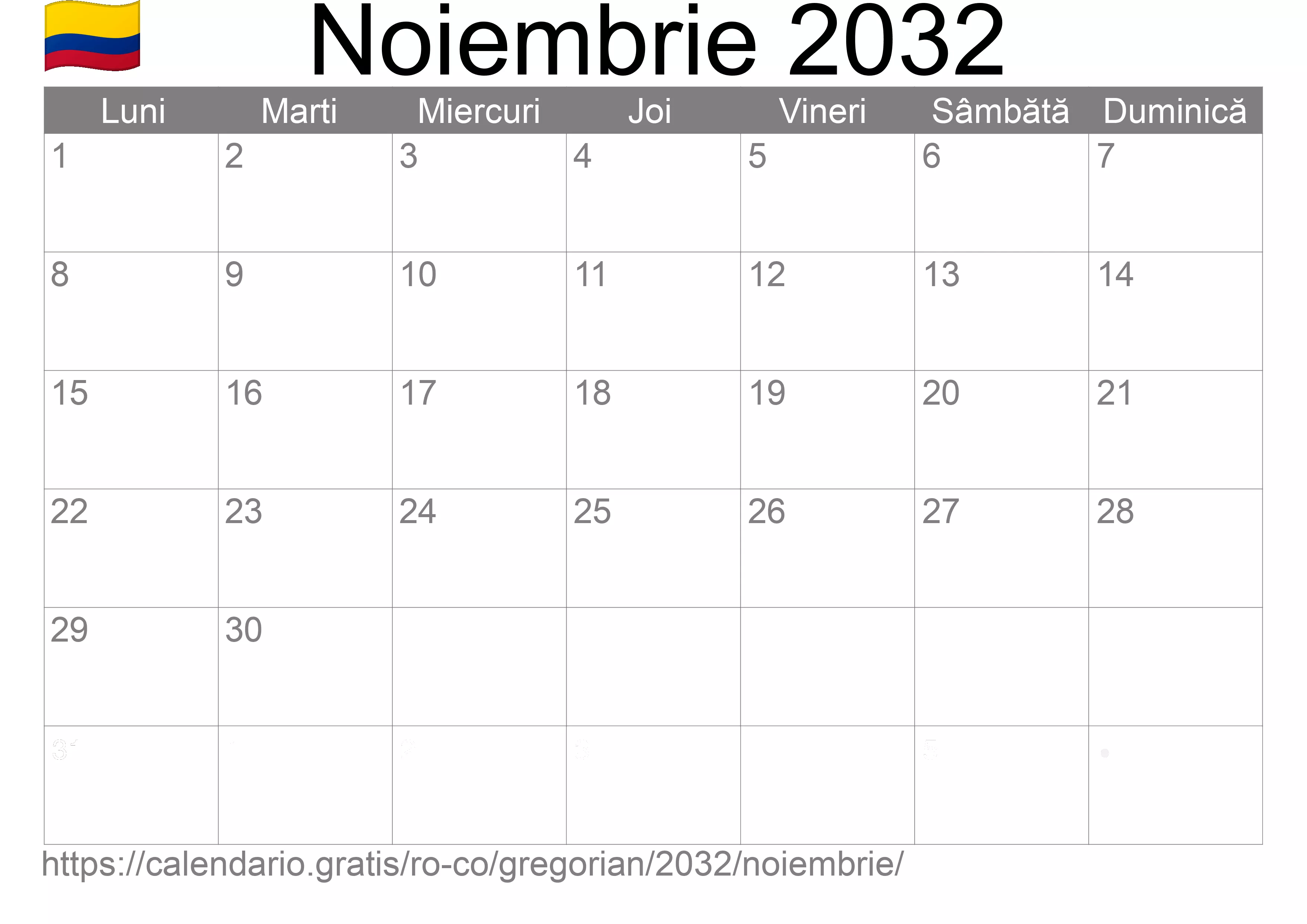 Calendar Noiembrie 2032 pentru imprimare (Columbia)