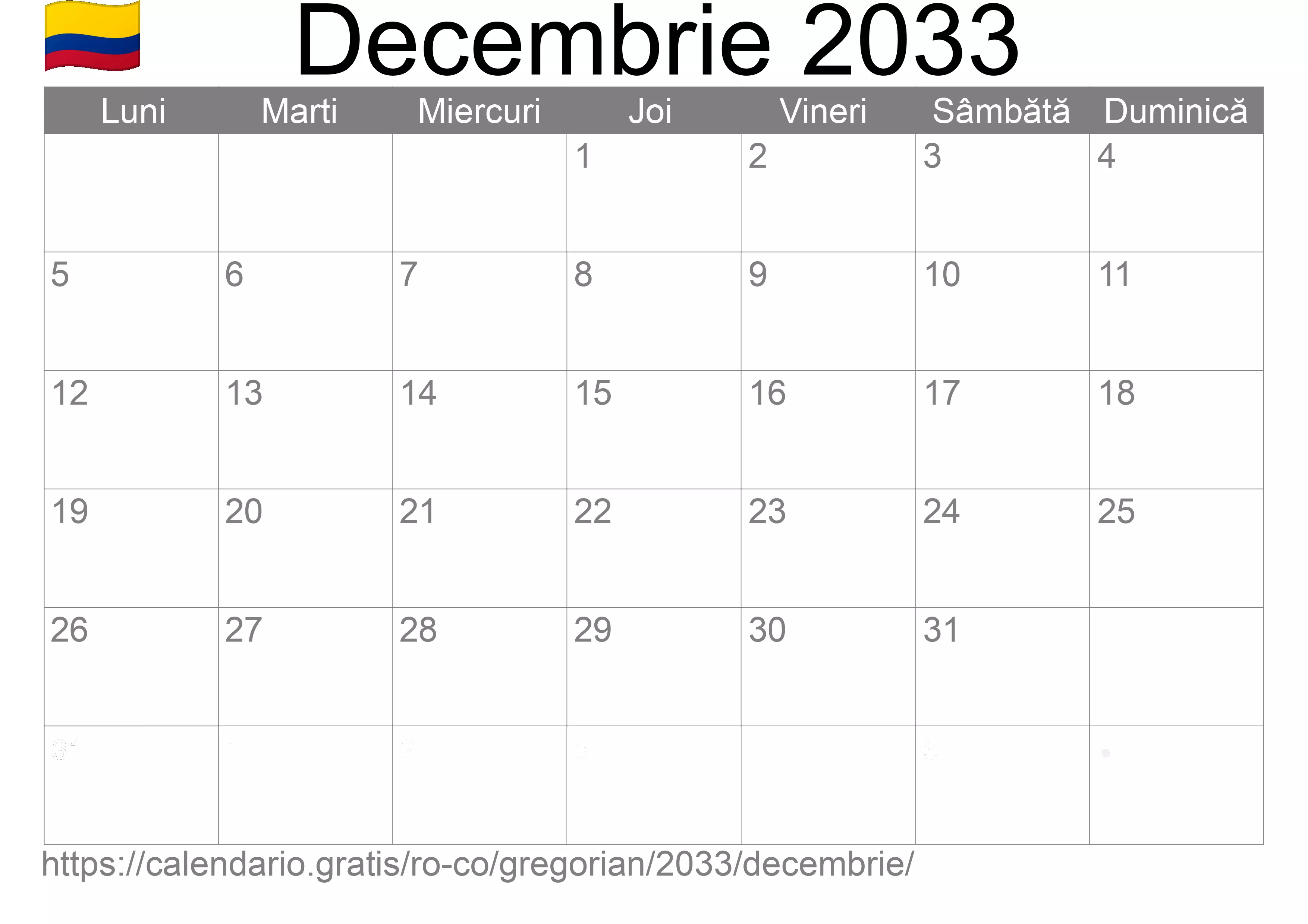 Calendar Decembrie 2033 pentru imprimare (Columbia)