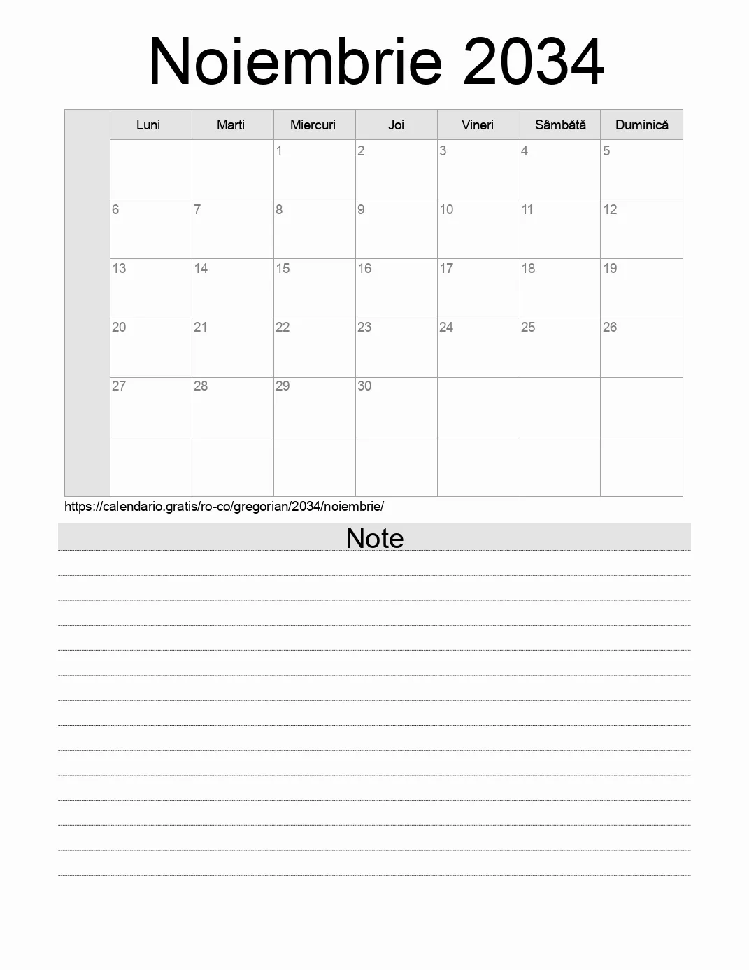 Calendar pentru Noiembrie 2034 de imprimat cu note. (Columbia)