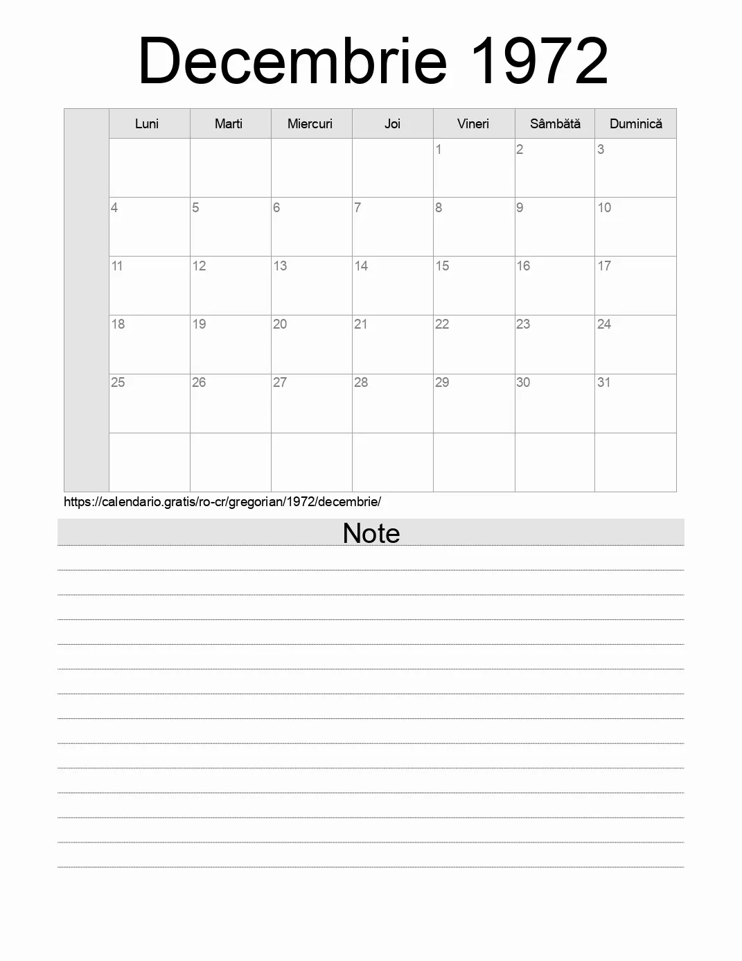 Calendar pentru Decembrie 1972 de imprimat cu note. (Costa Rica) Calendar pentru Decembrie 1972 de imprimat cu note. (Costa Rica)