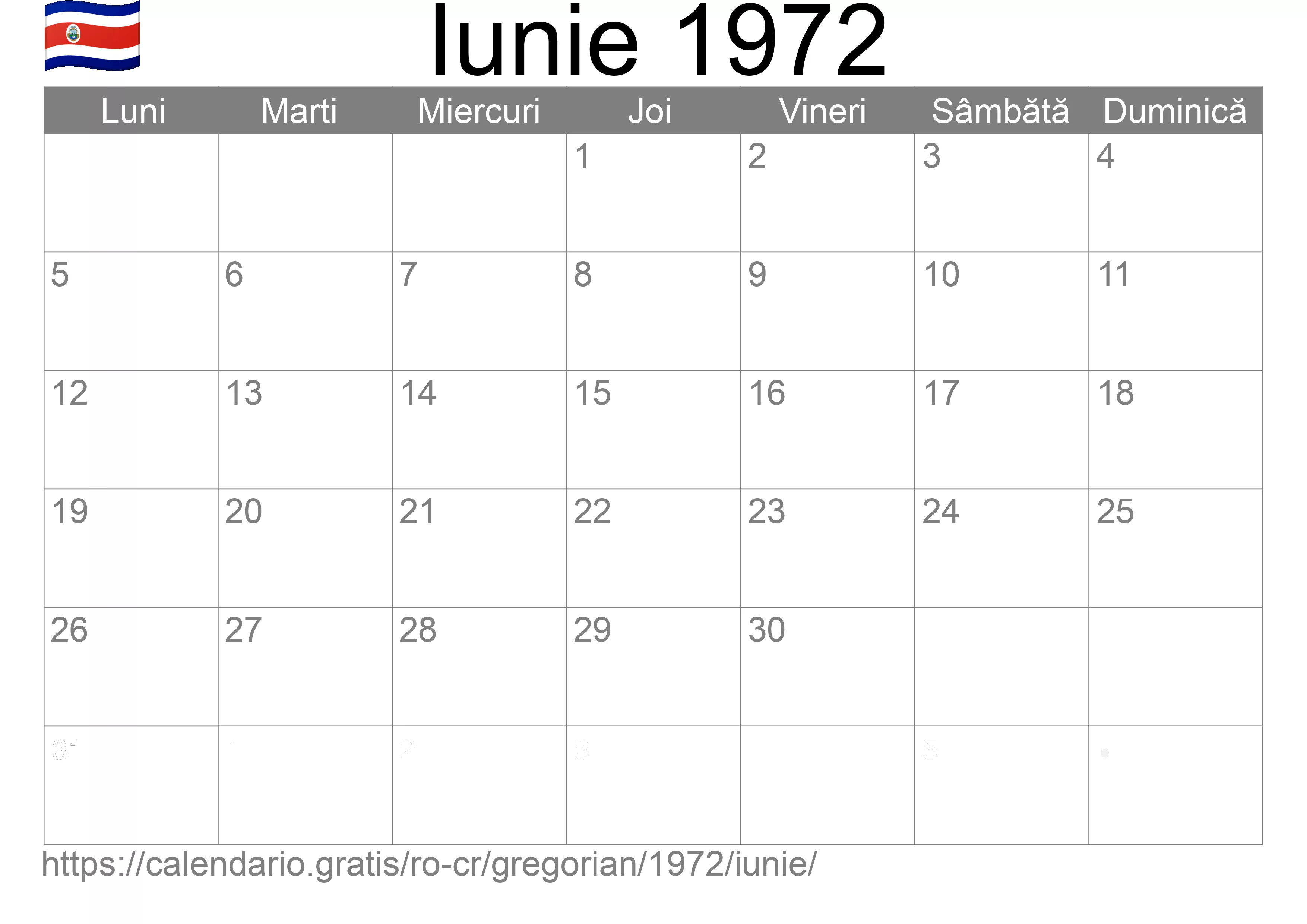 Calendar Iunie 1972 pentru imprimare (Costa Rica)