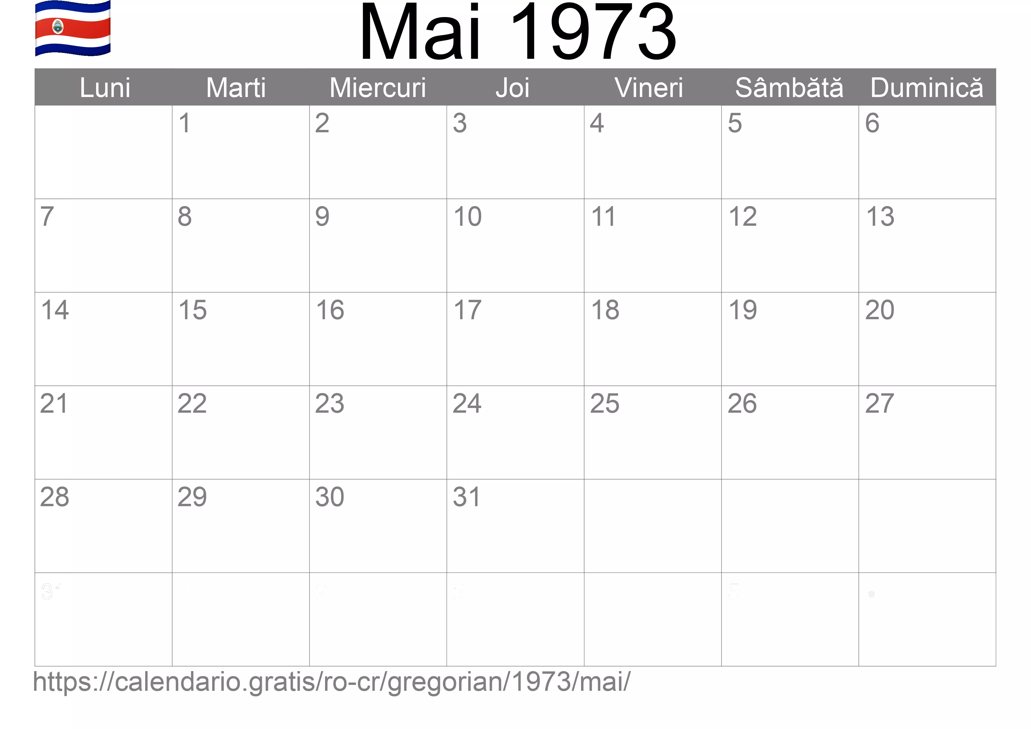 Calendar Mai 1973 pentru imprimare (Costa Rica)
