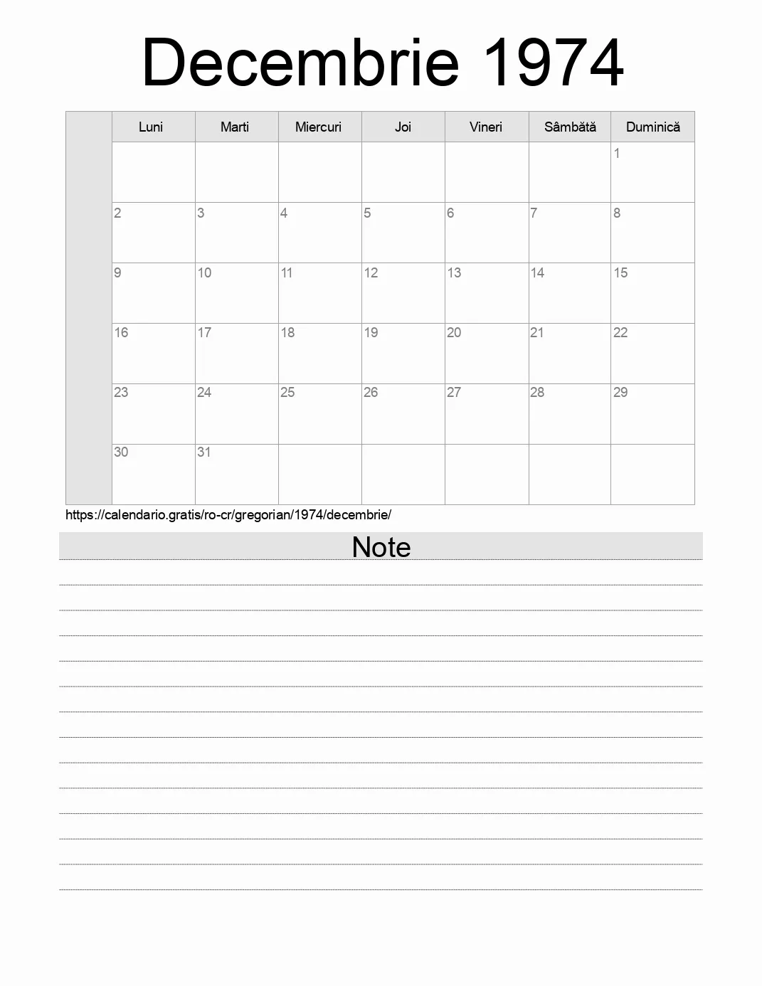 Calendar pentru Decembrie 1974 de imprimat cu note. (Costa Rica) Calendar pentru Decembrie 1974 de imprimat cu note. (Costa Rica)