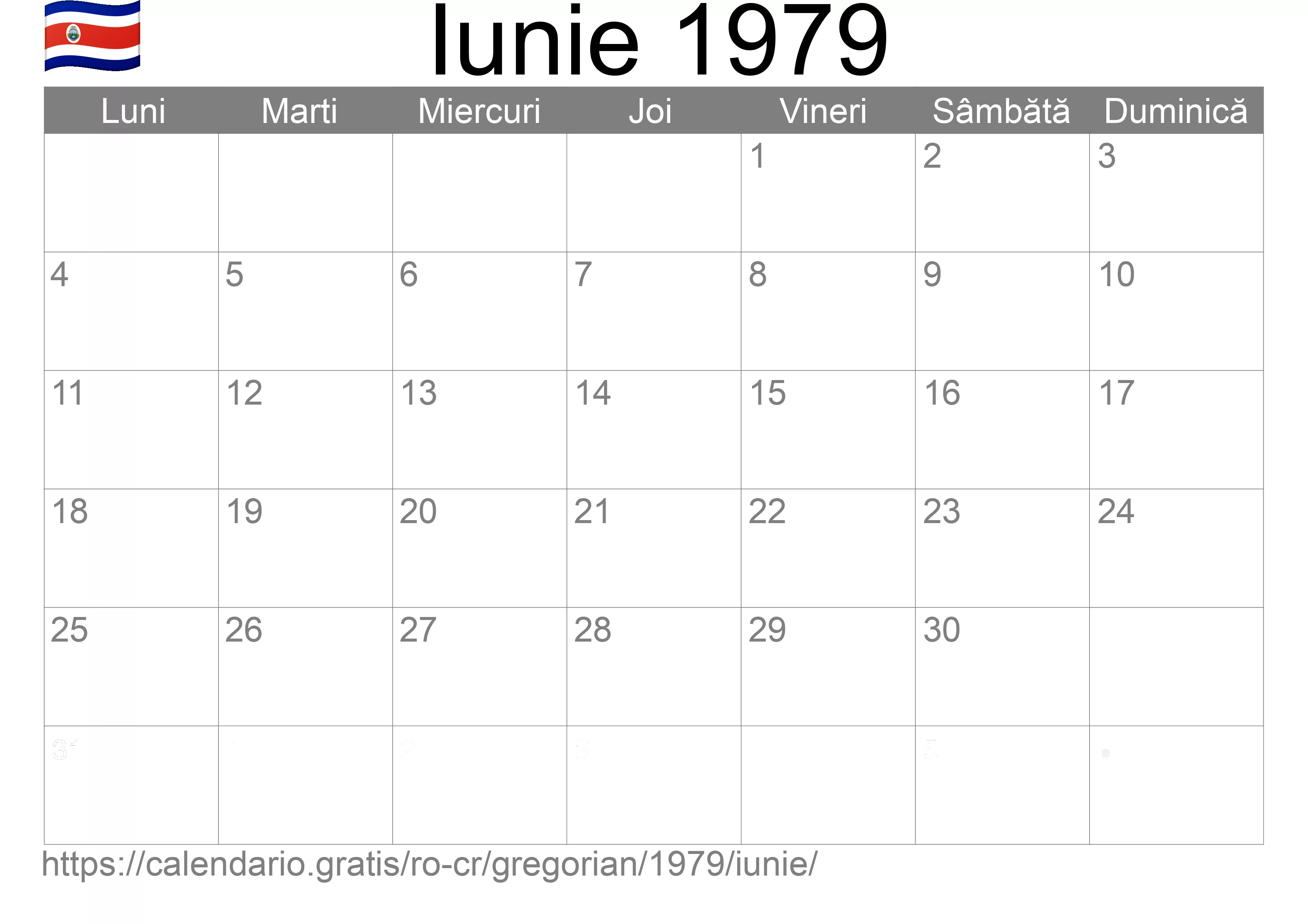 Calendar Iunie 1979 pentru imprimare (Costa Rica)