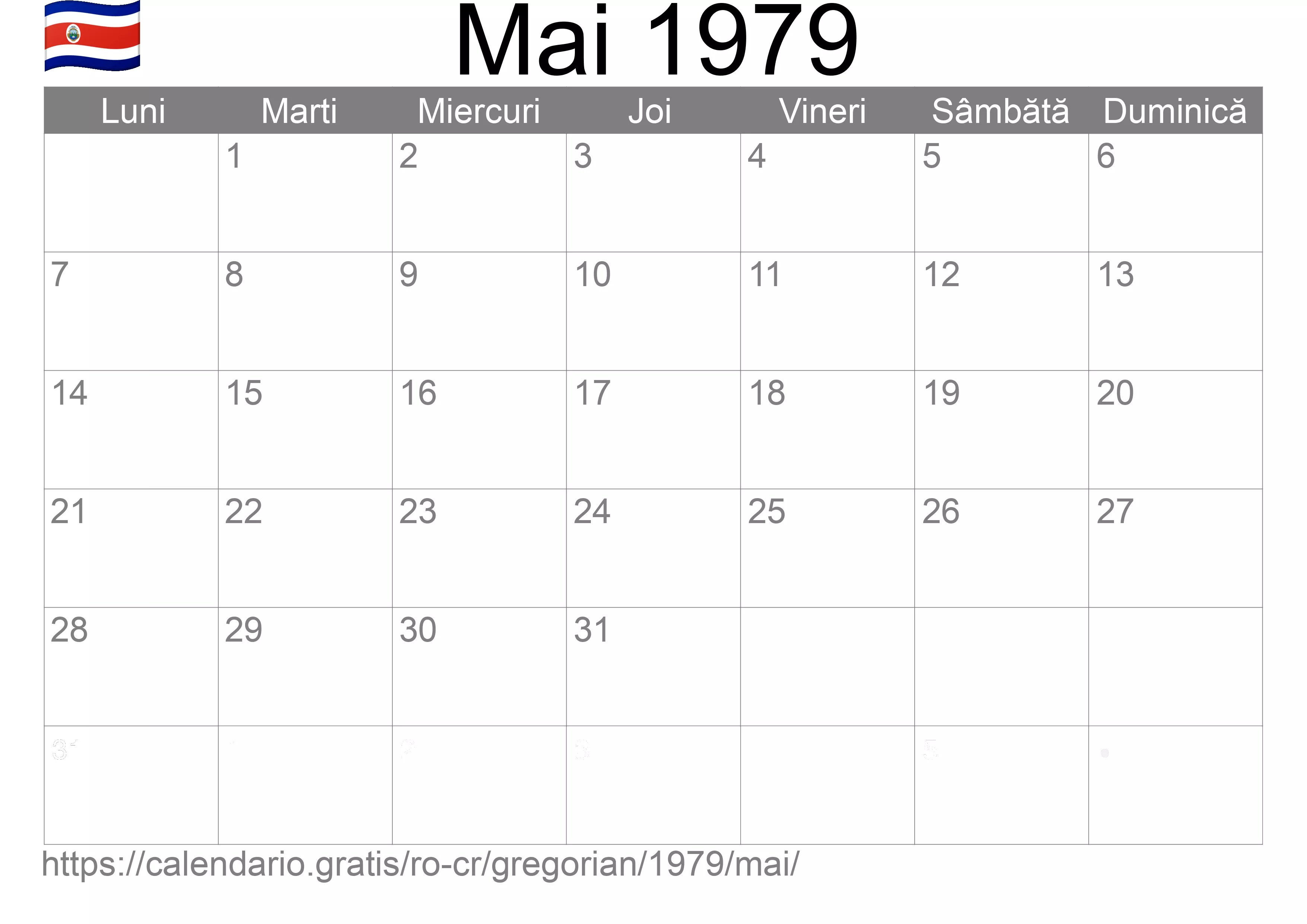 Calendar Mai 1979 pentru imprimare (Costa Rica)