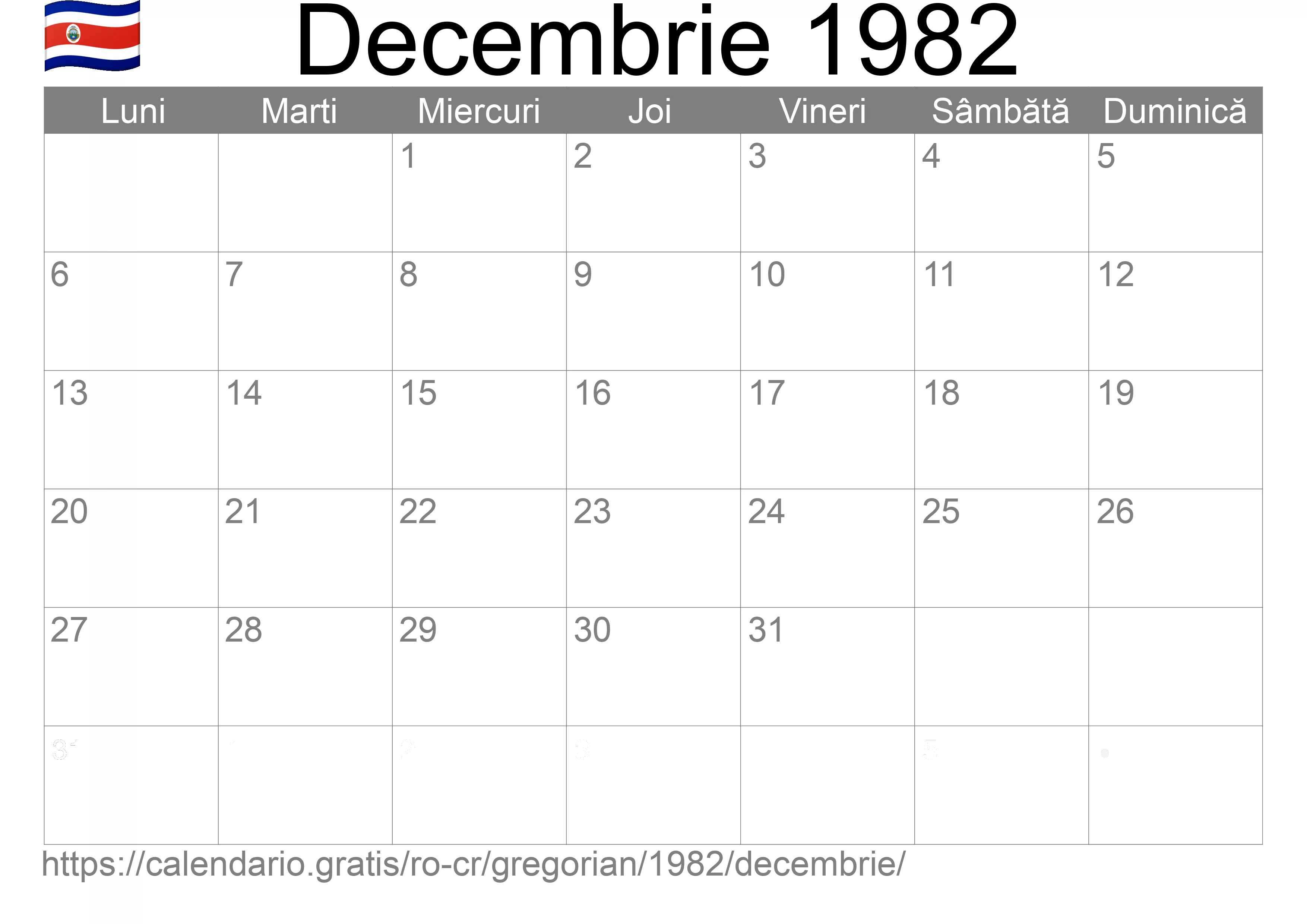 Calendar Decembrie 1982 pentru imprimare (Costa Rica)