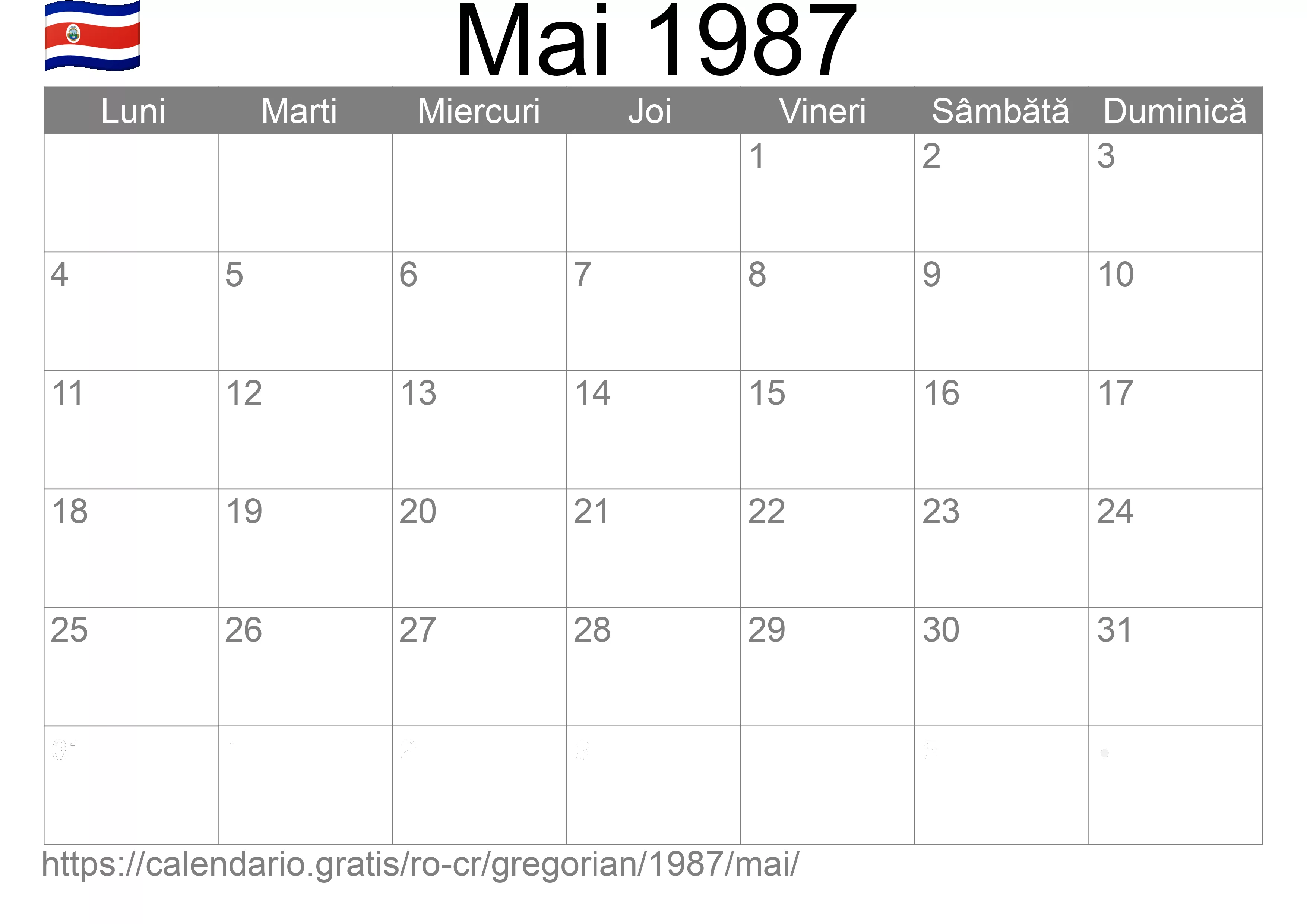 Calendar Mai 1987 pentru imprimare (Costa Rica)