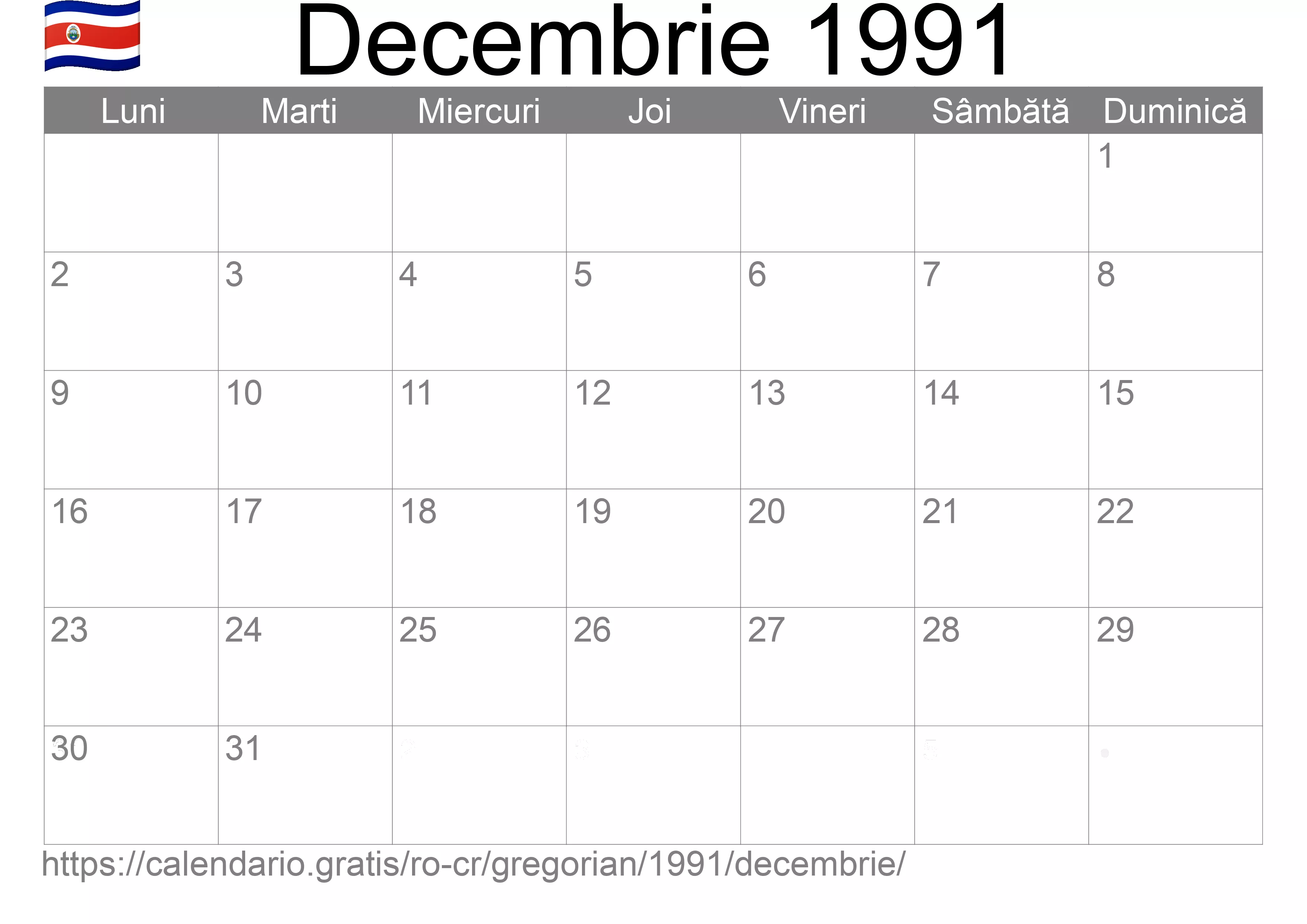 Calendar Decembrie 1991 pentru imprimare (Costa Rica)