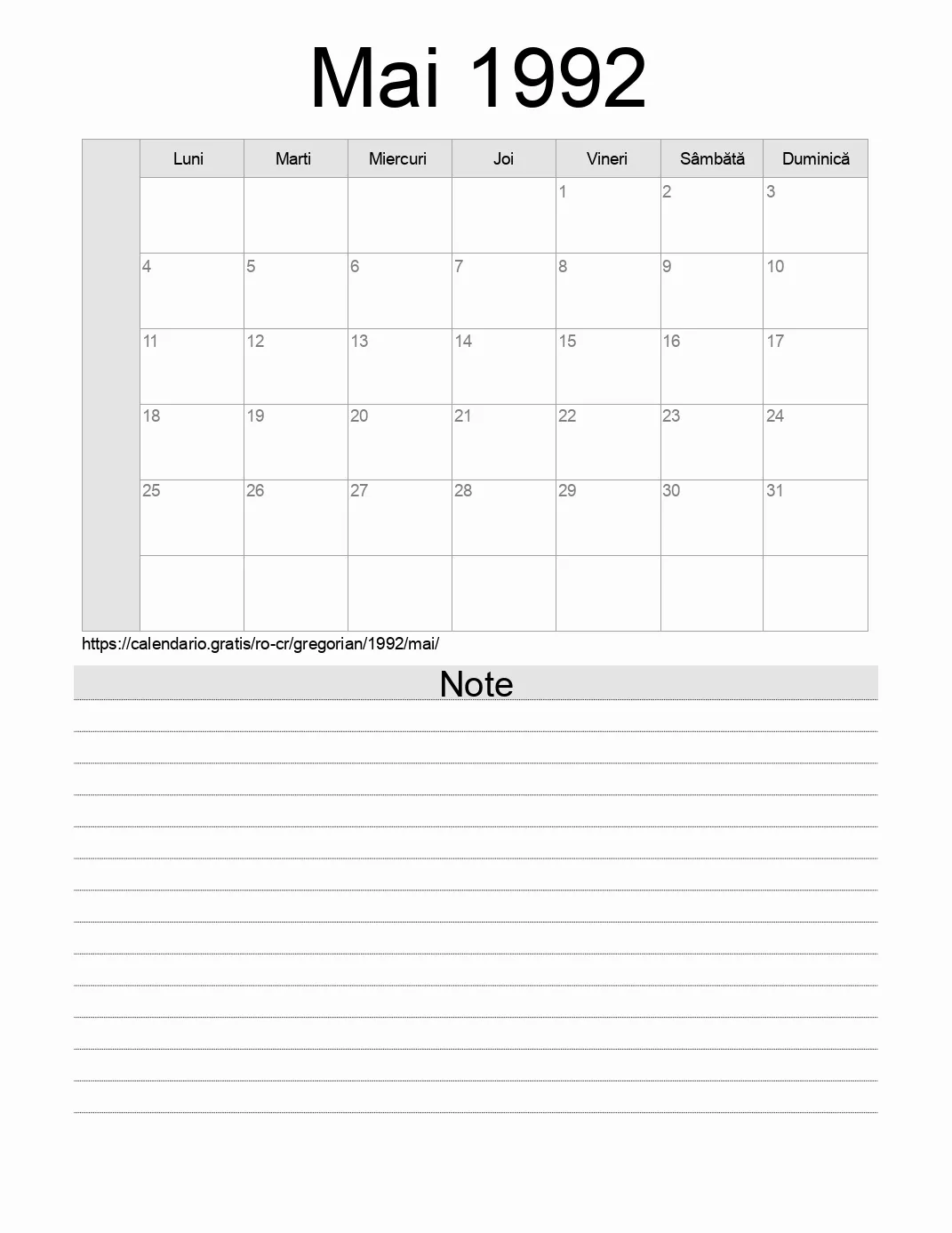 Calendar pentru Mai 1992 de imprimat cu note. (Costa Rica) Calendar pentru Mai 1992 de imprimat cu note. (Costa Rica)