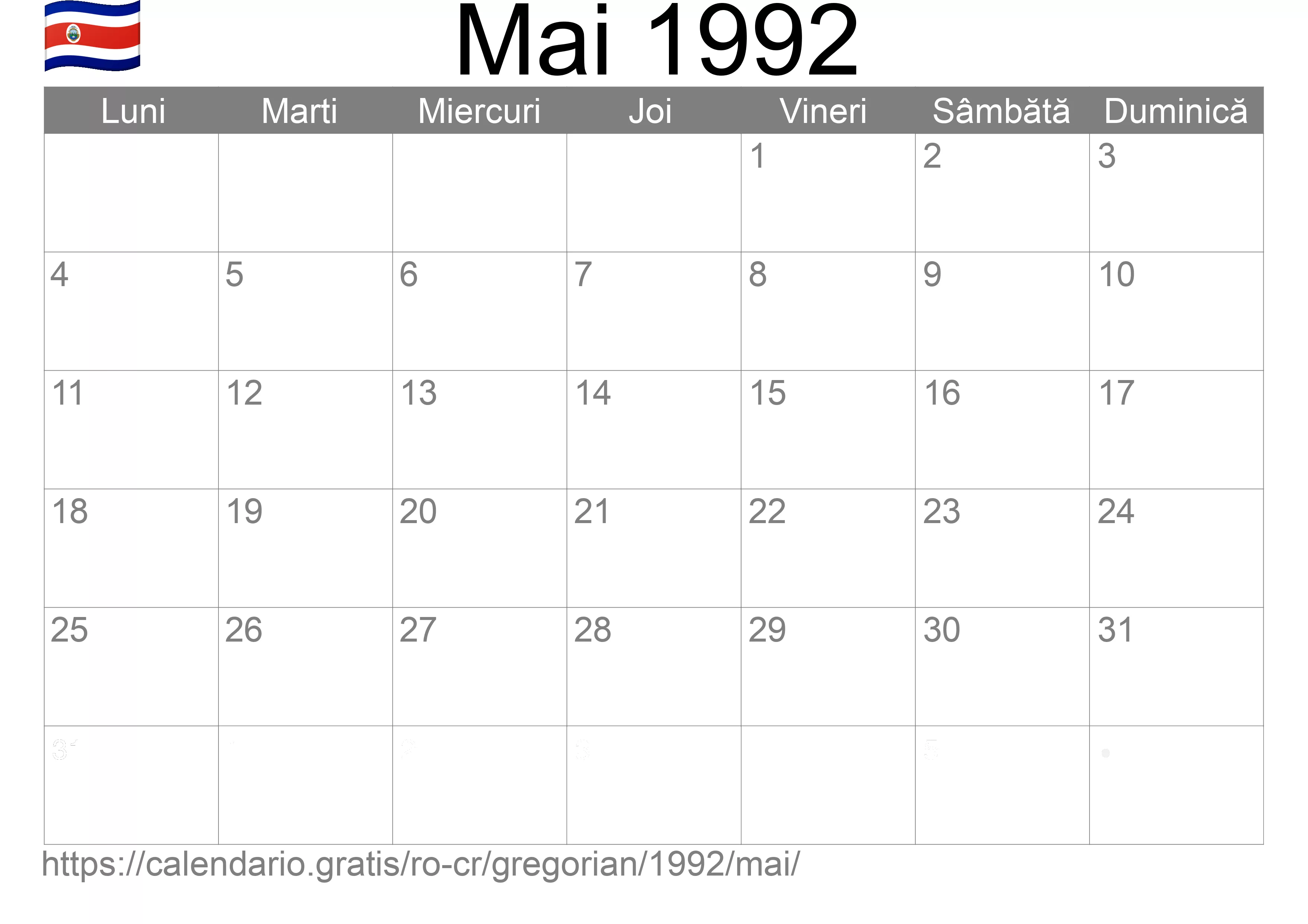 Calendar Mai 1992 pentru imprimare (Costa Rica) Calendar Mai 1992 pentru imprimare (Costa Rica)