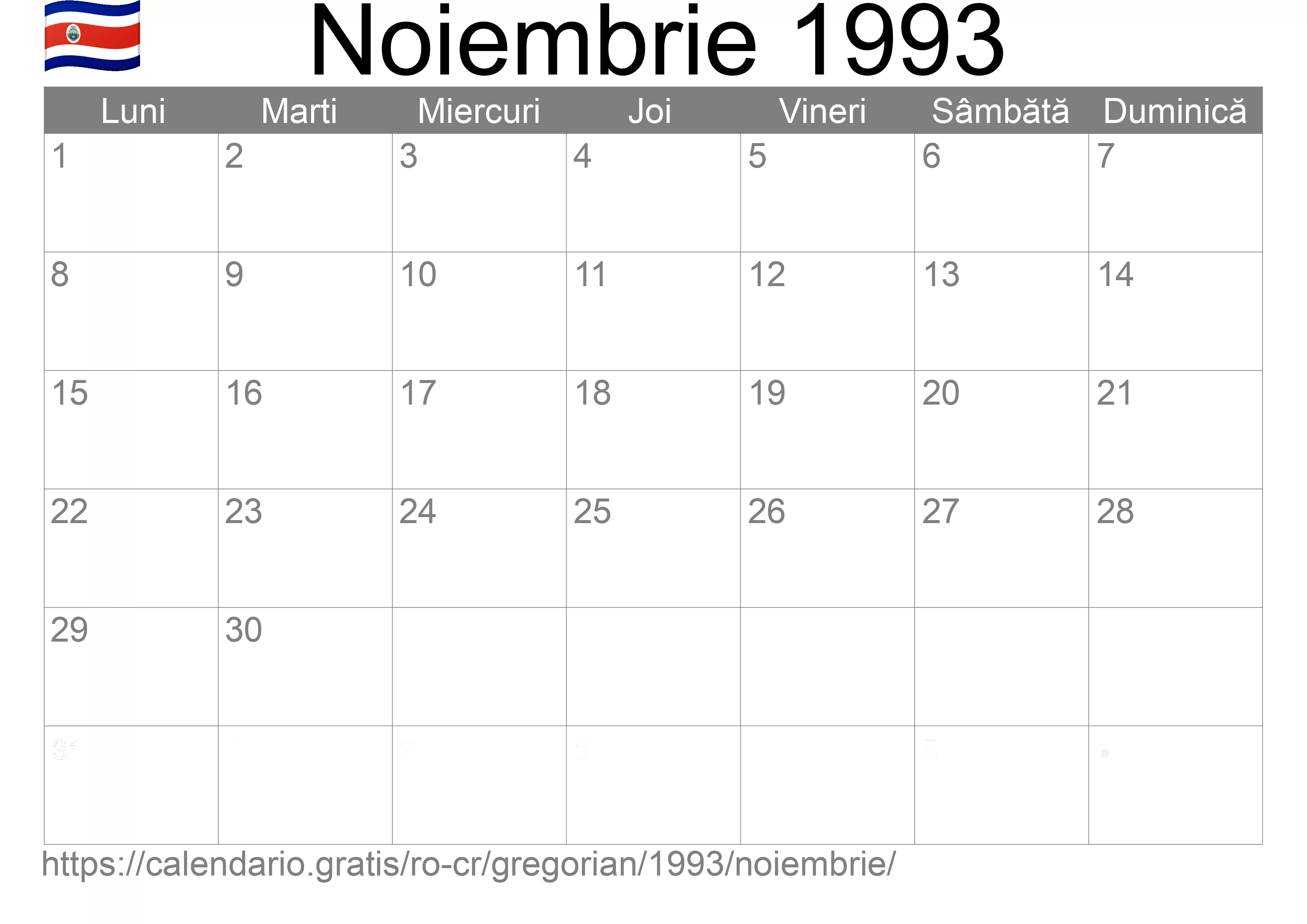 Calendar Noiembrie 1993 pentru imprimare (Costa Rica)