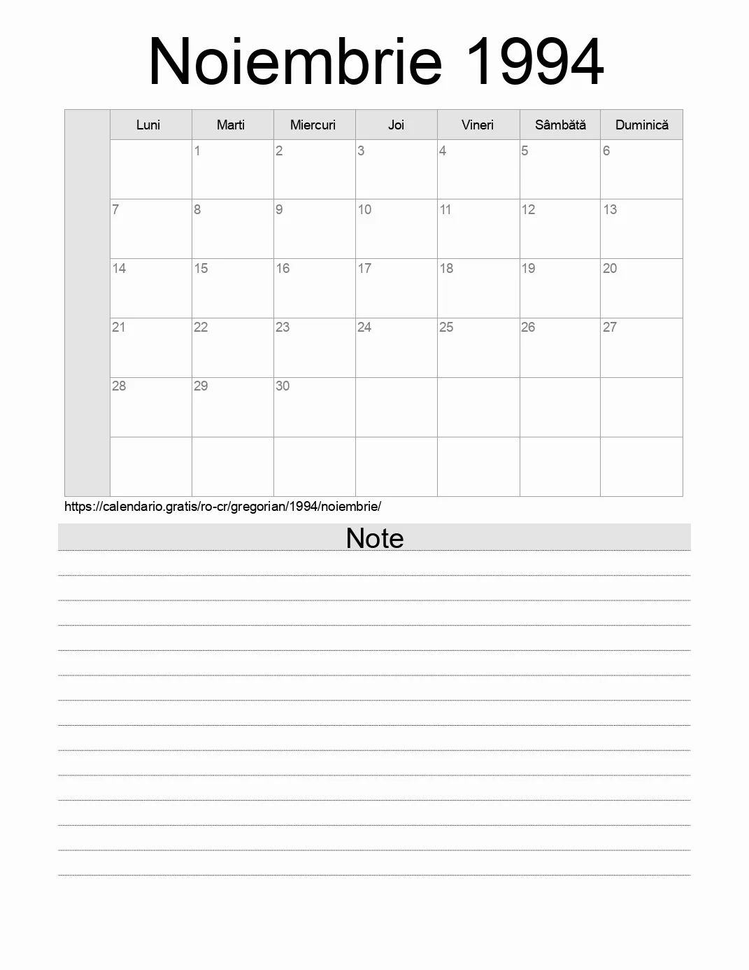 Calendar pentru Noiembrie 1994 de imprimat cu note. (Costa Rica)