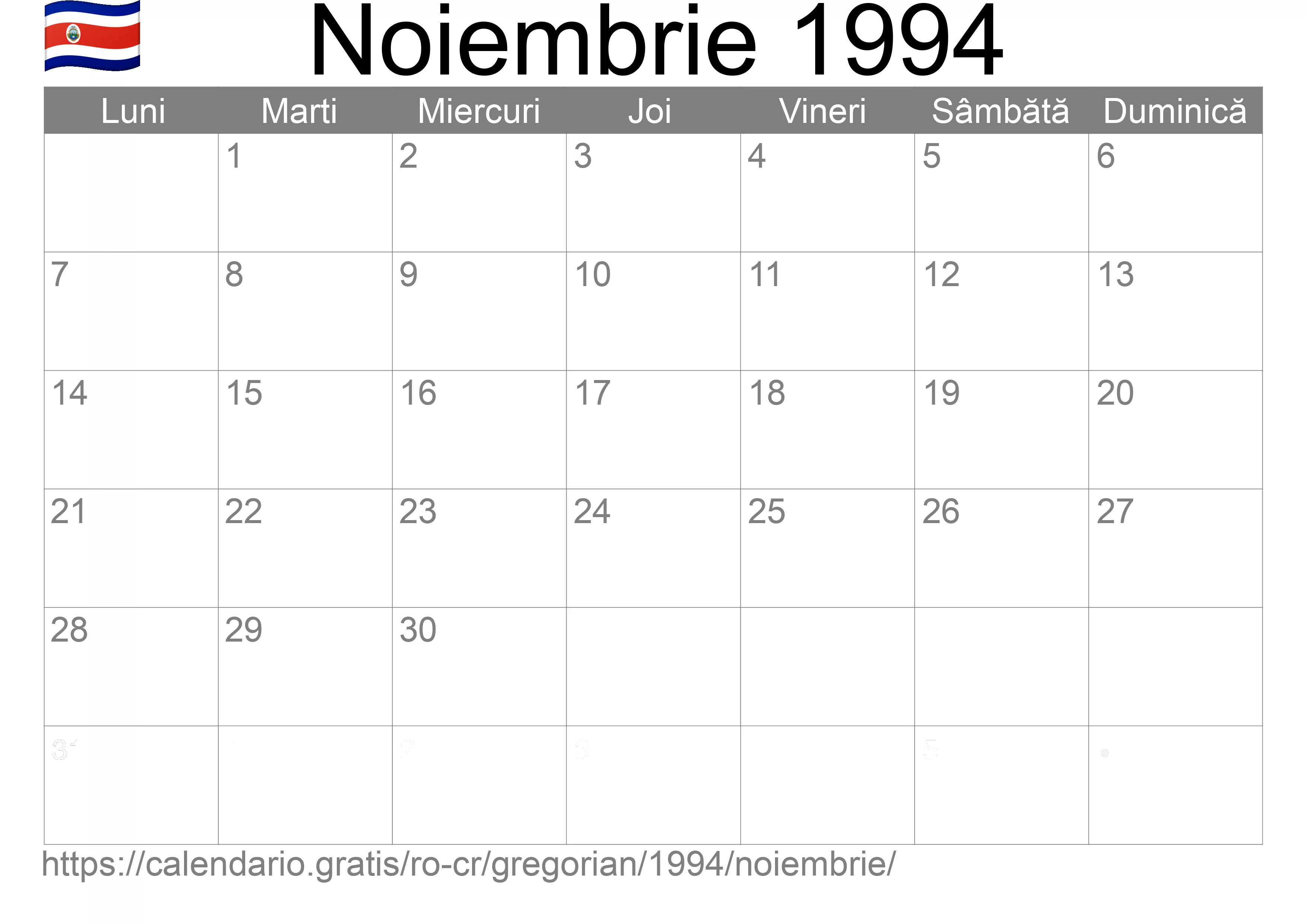 Calendar Noiembrie 1994 pentru imprimare (Costa Rica)