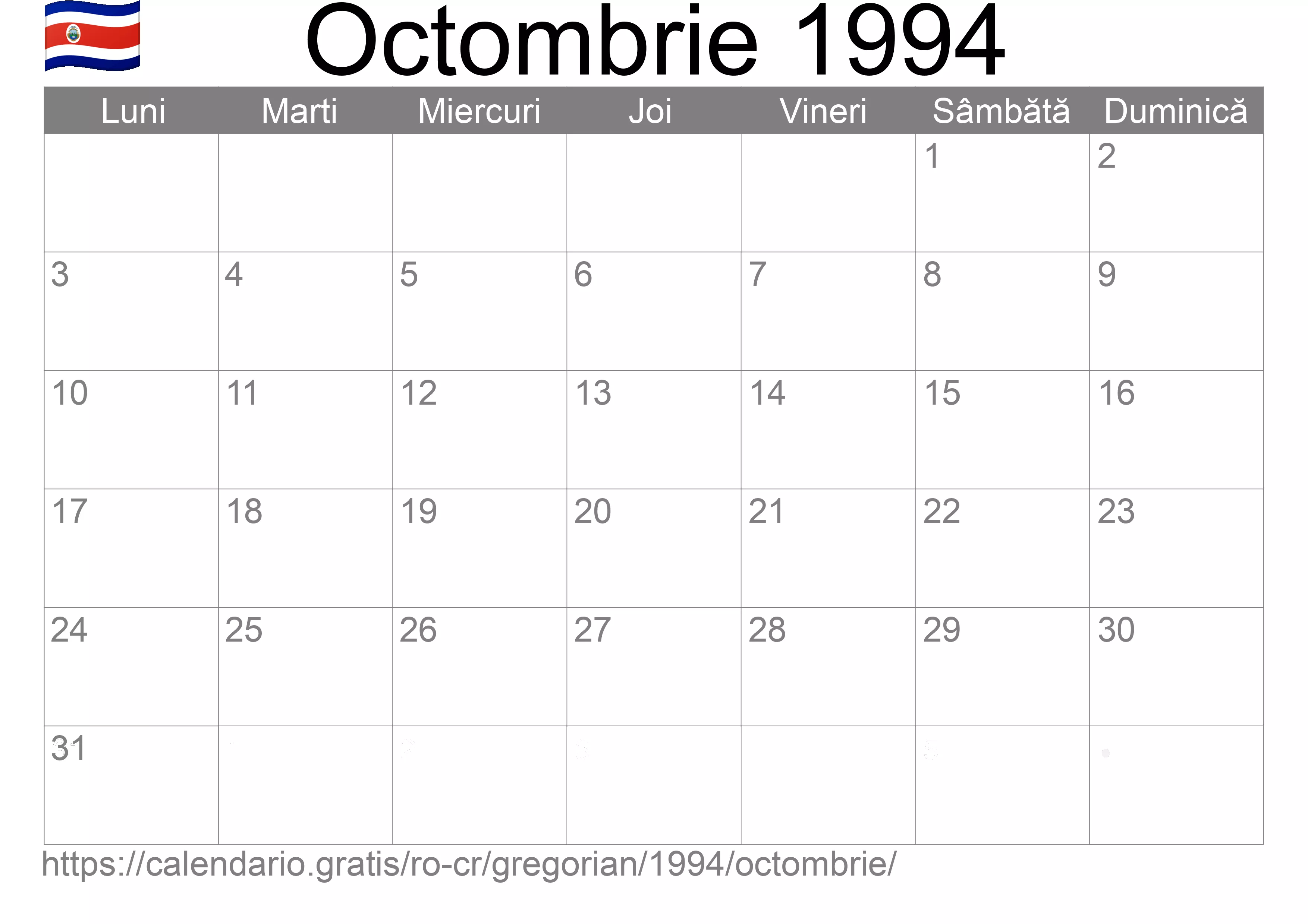 Calendar Octombrie 1994 pentru imprimare (Costa Rica)