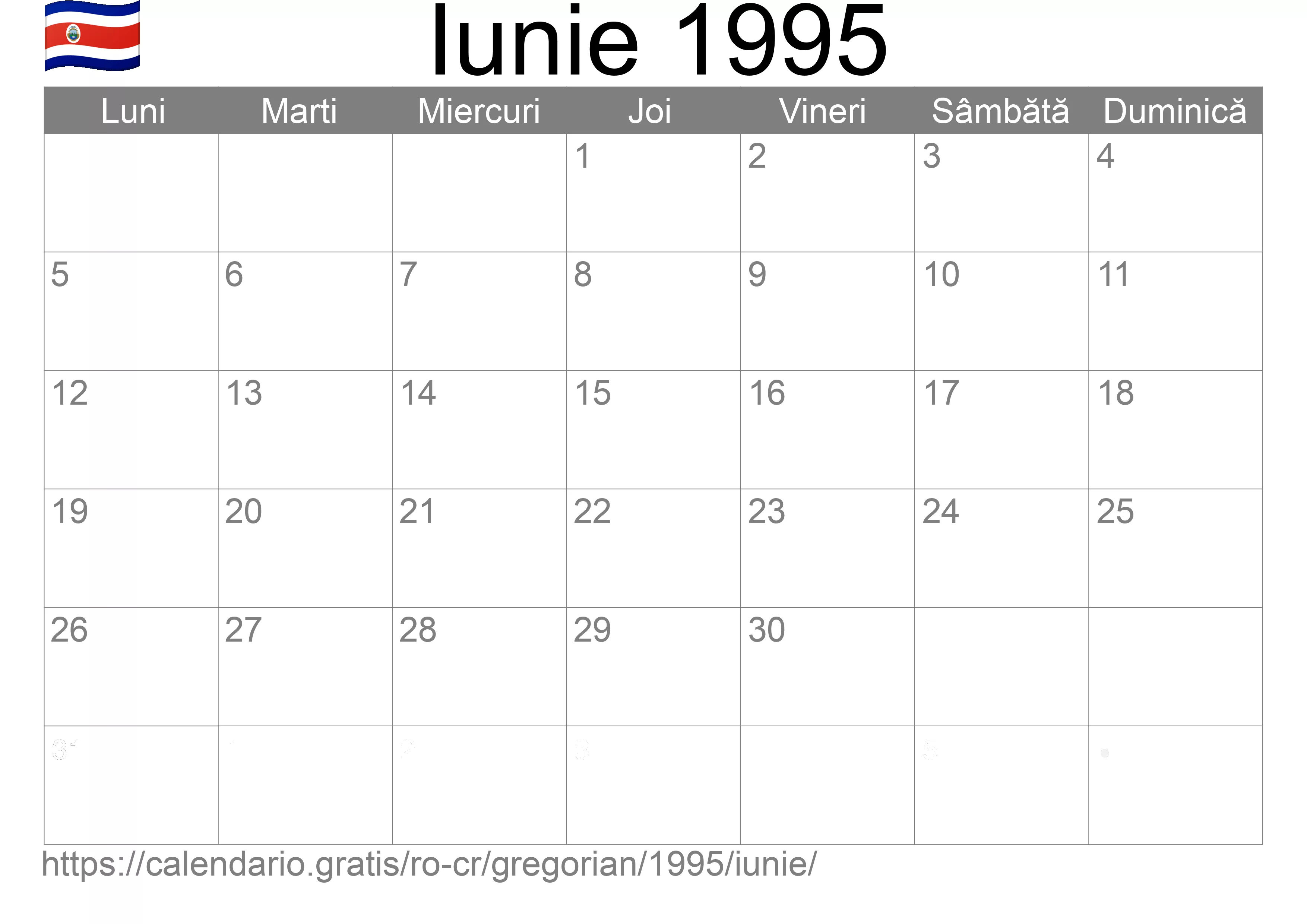 Calendar Iunie 1995 pentru imprimare (Costa Rica)