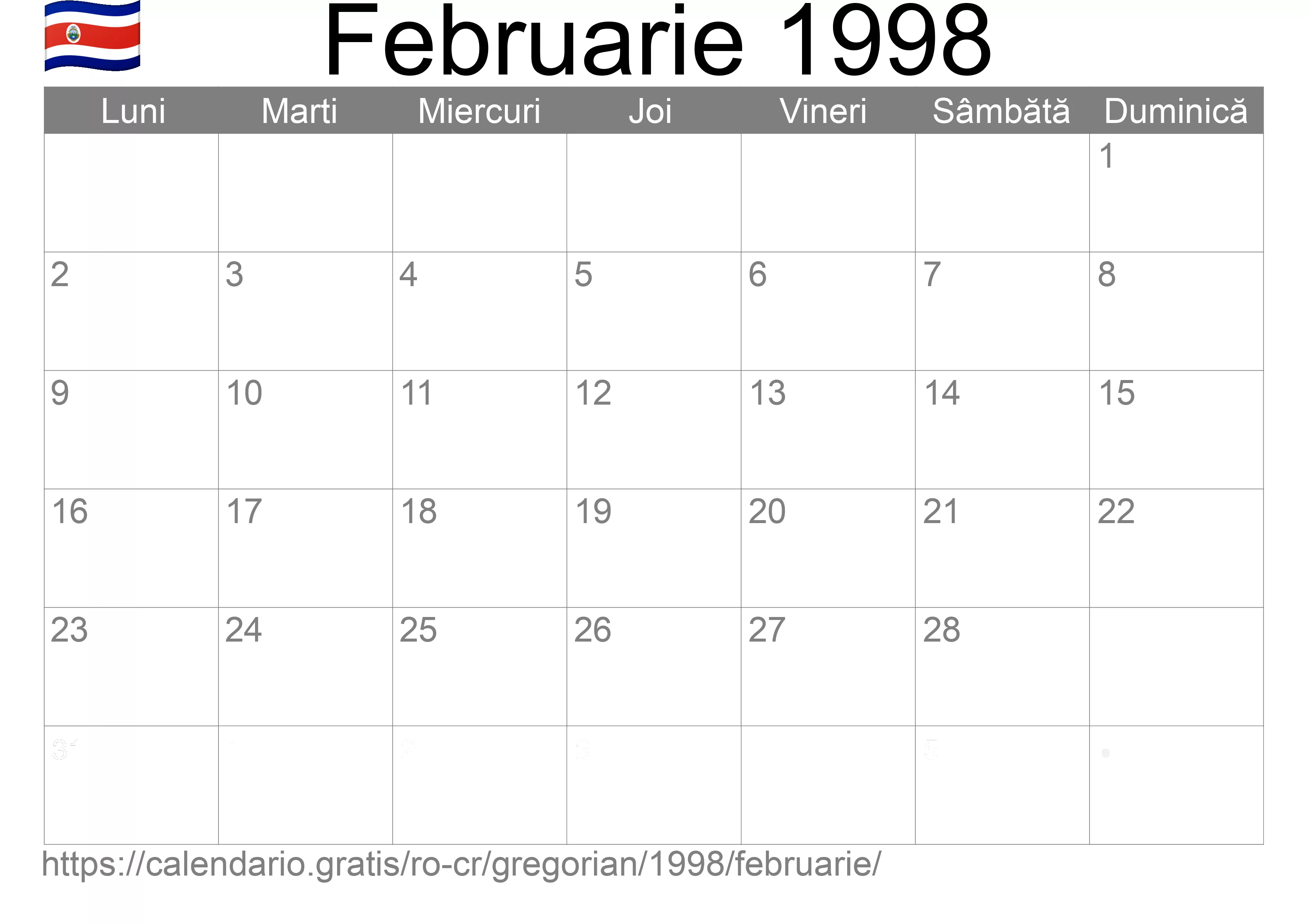 Calendar Februarie 1998 pentru imprimare (Costa Rica) Calendar Februarie 1998 pentru imprimare (Costa Rica)