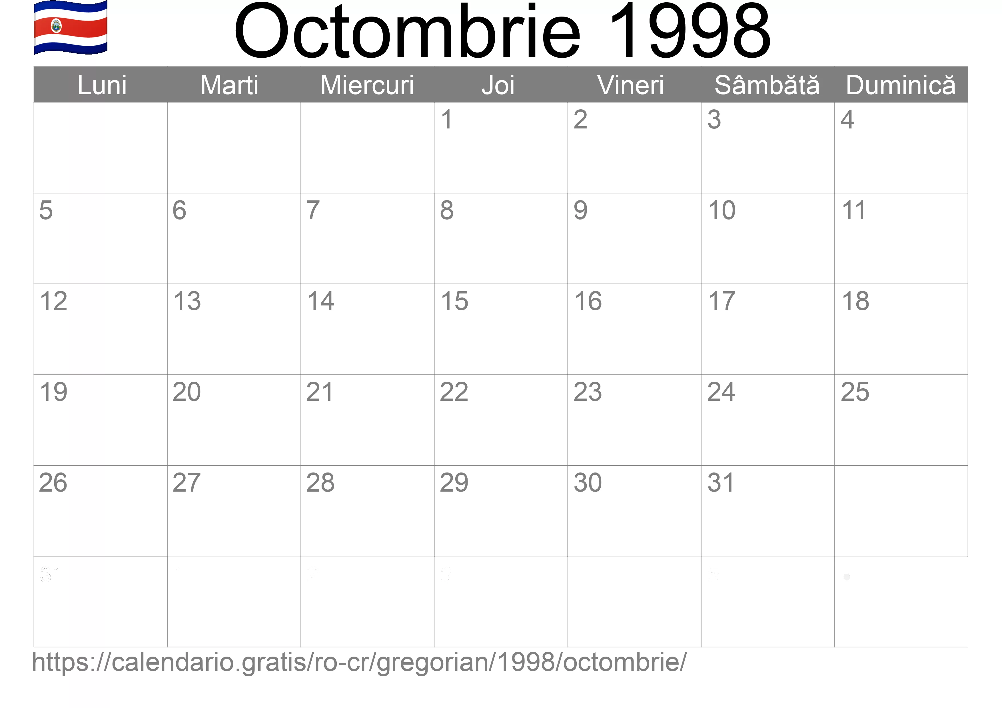 Calendar Octombrie 1998 pentru imprimare (Costa Rica) Calendar Octombrie 1998 pentru imprimare (Costa Rica)