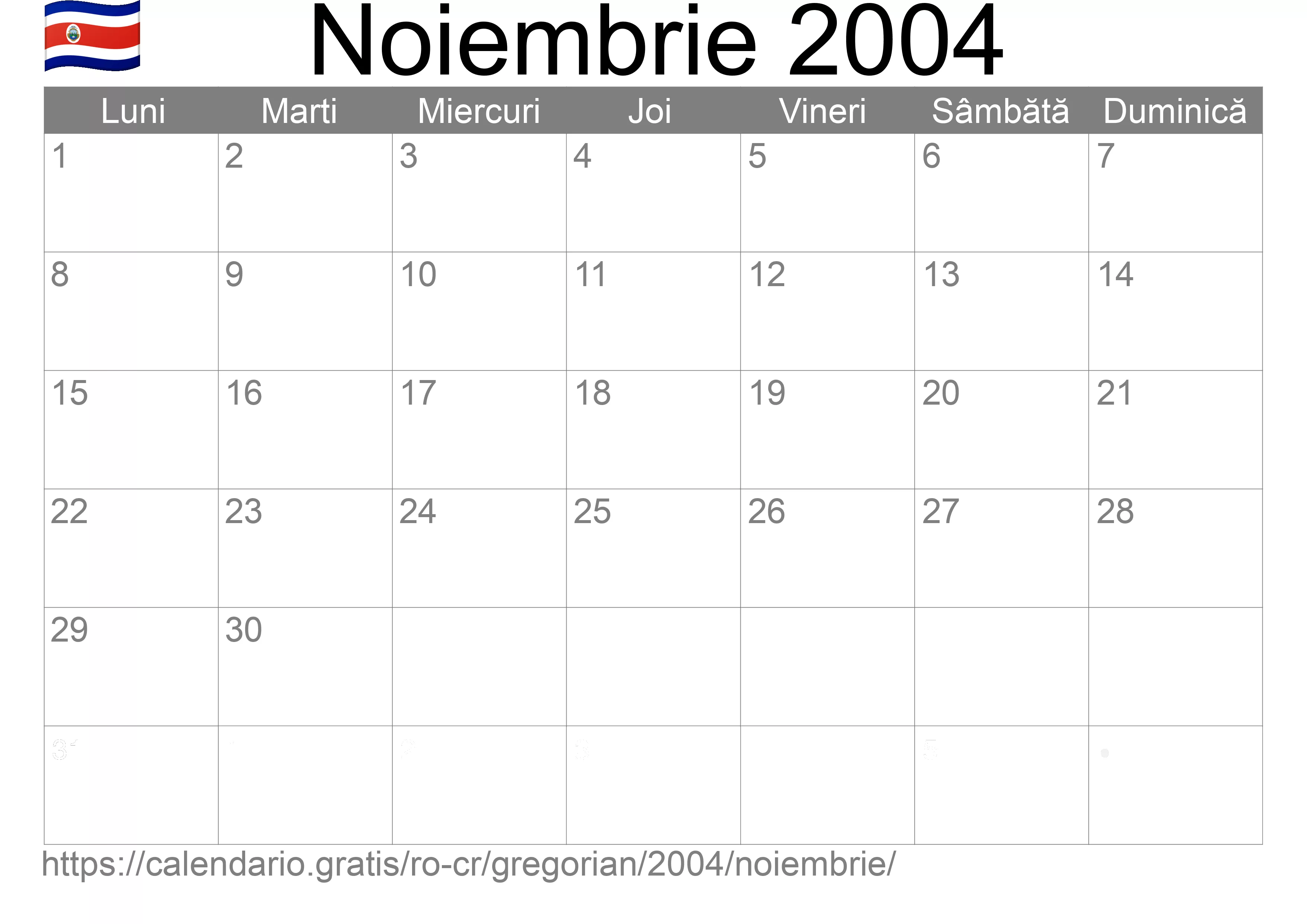 Calendar Noiembrie 2004 pentru imprimare (Costa Rica)