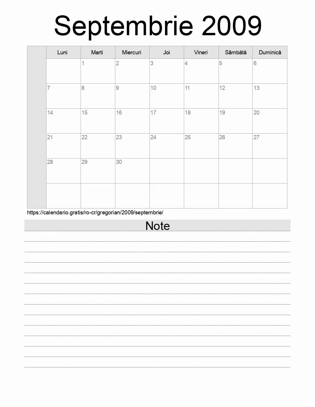 Calendar pentru Septembrie 2009 de imprimat cu note. (Costa Rica)