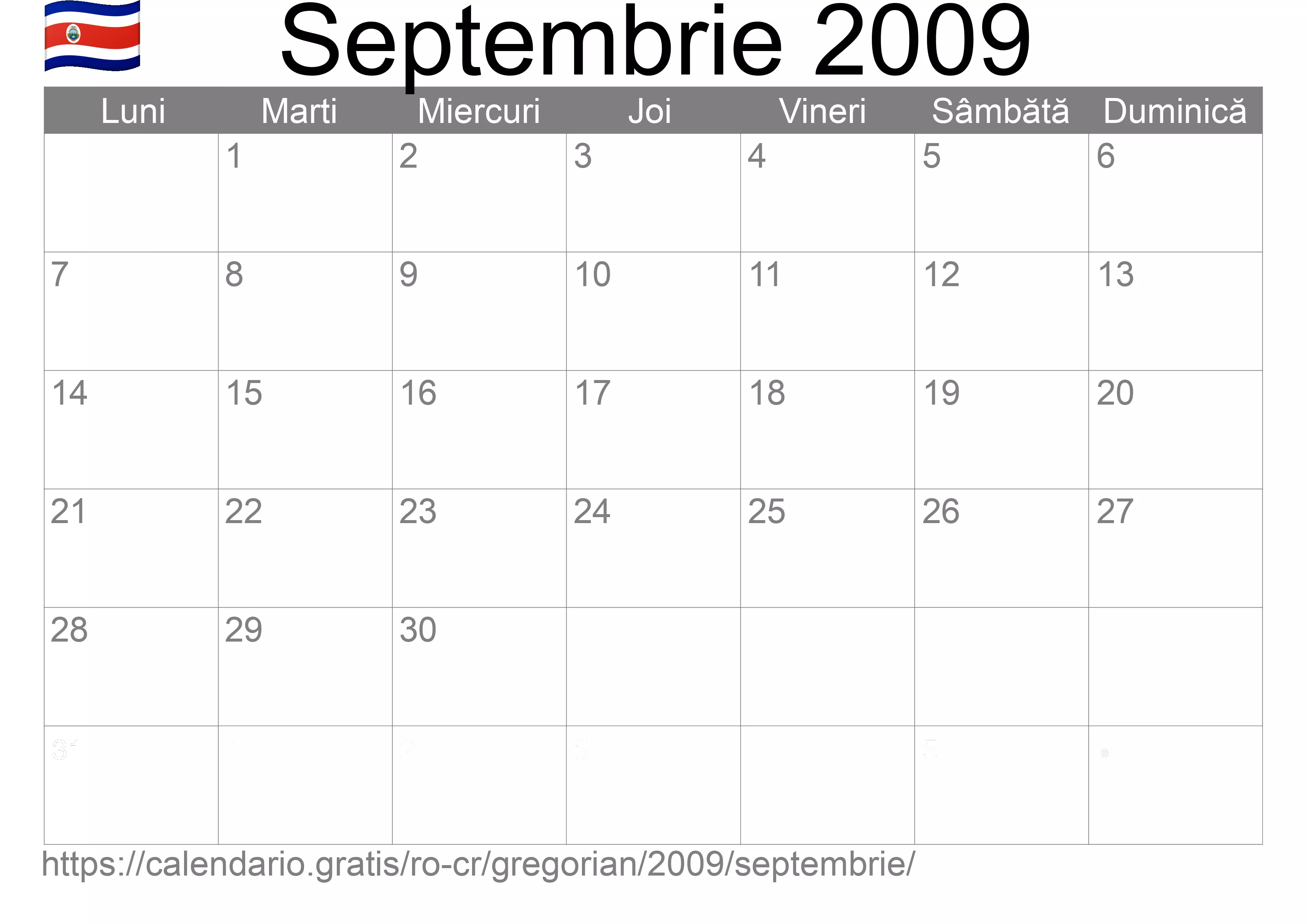 Calendar Septembrie 2009 pentru imprimare (Costa Rica)
