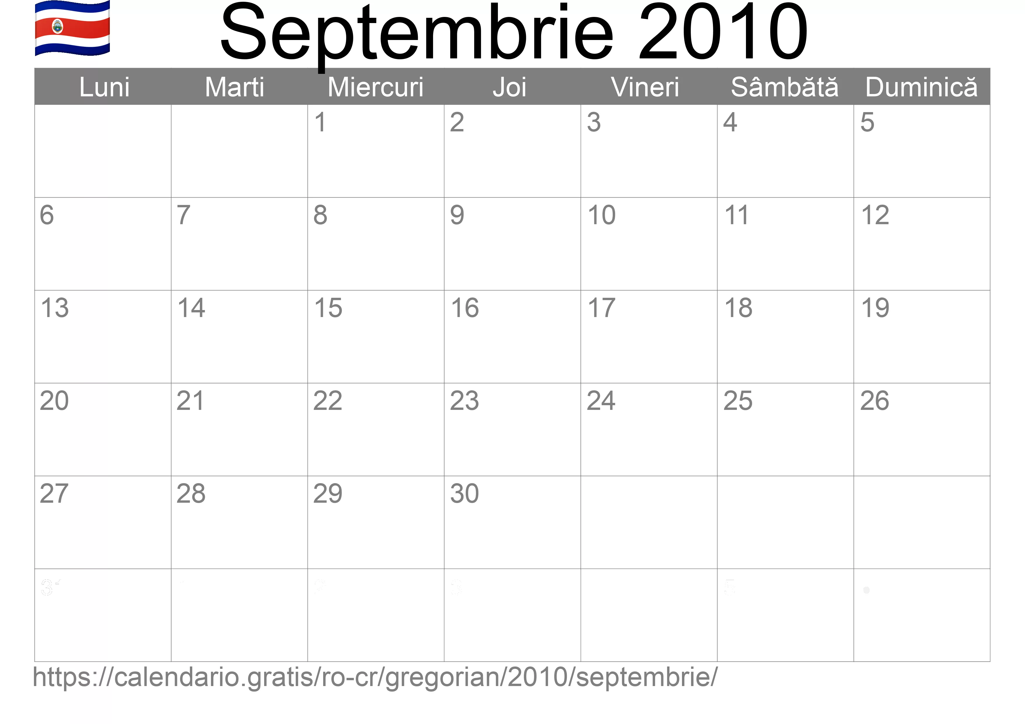Calendar Septembrie 2010 pentru imprimare (Costa Rica)