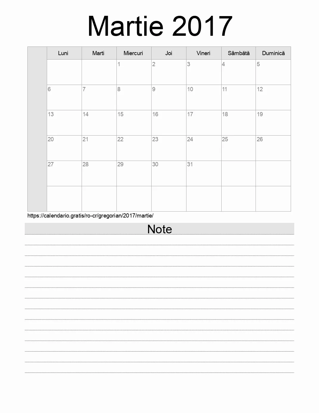 Calendar pentru Martie 2017 de imprimat cu note. (Costa Rica)