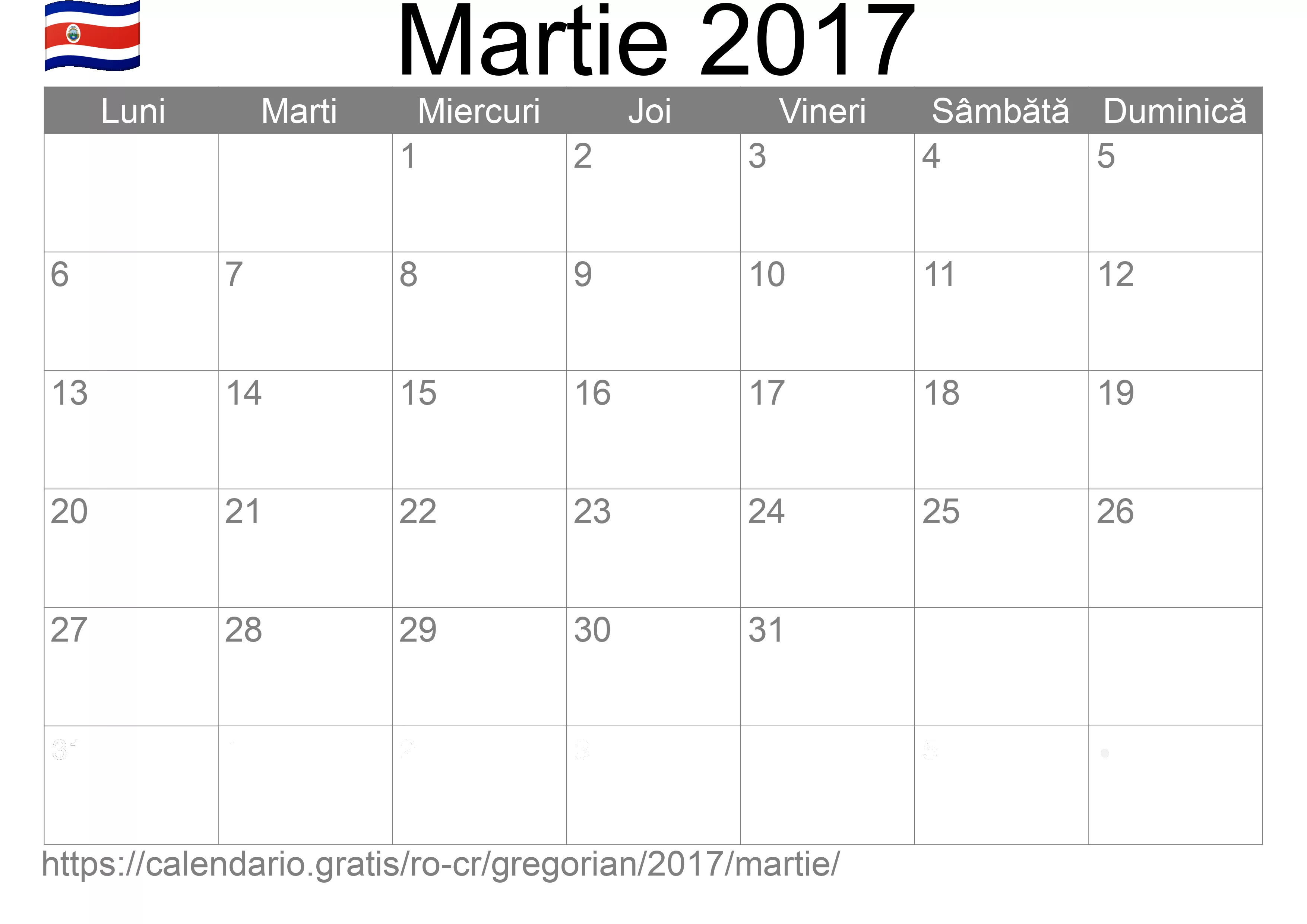 Calendar Martie 2017 pentru imprimare (Costa Rica)