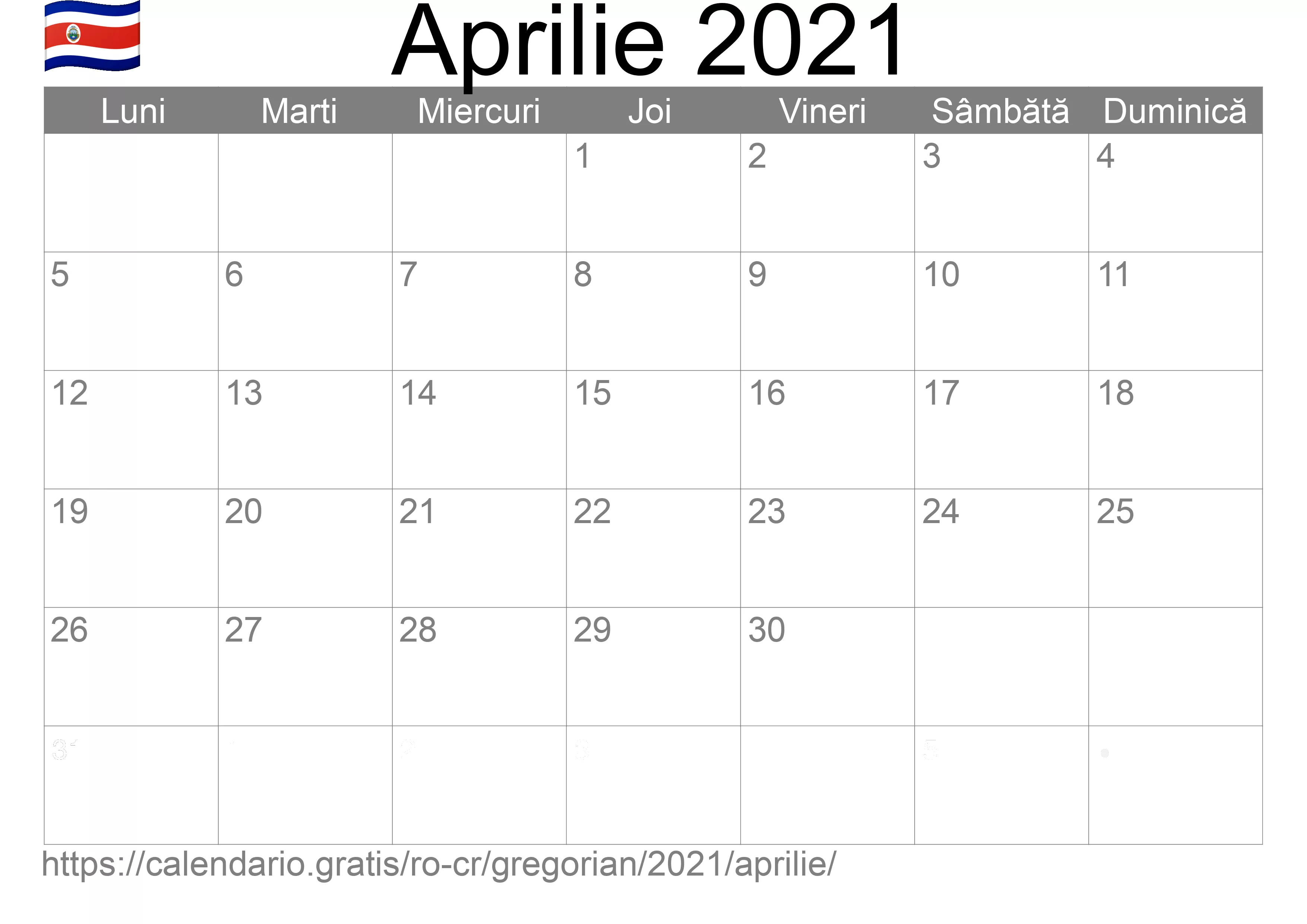 Calendar Aprilie 2021 pentru imprimare (Costa Rica)