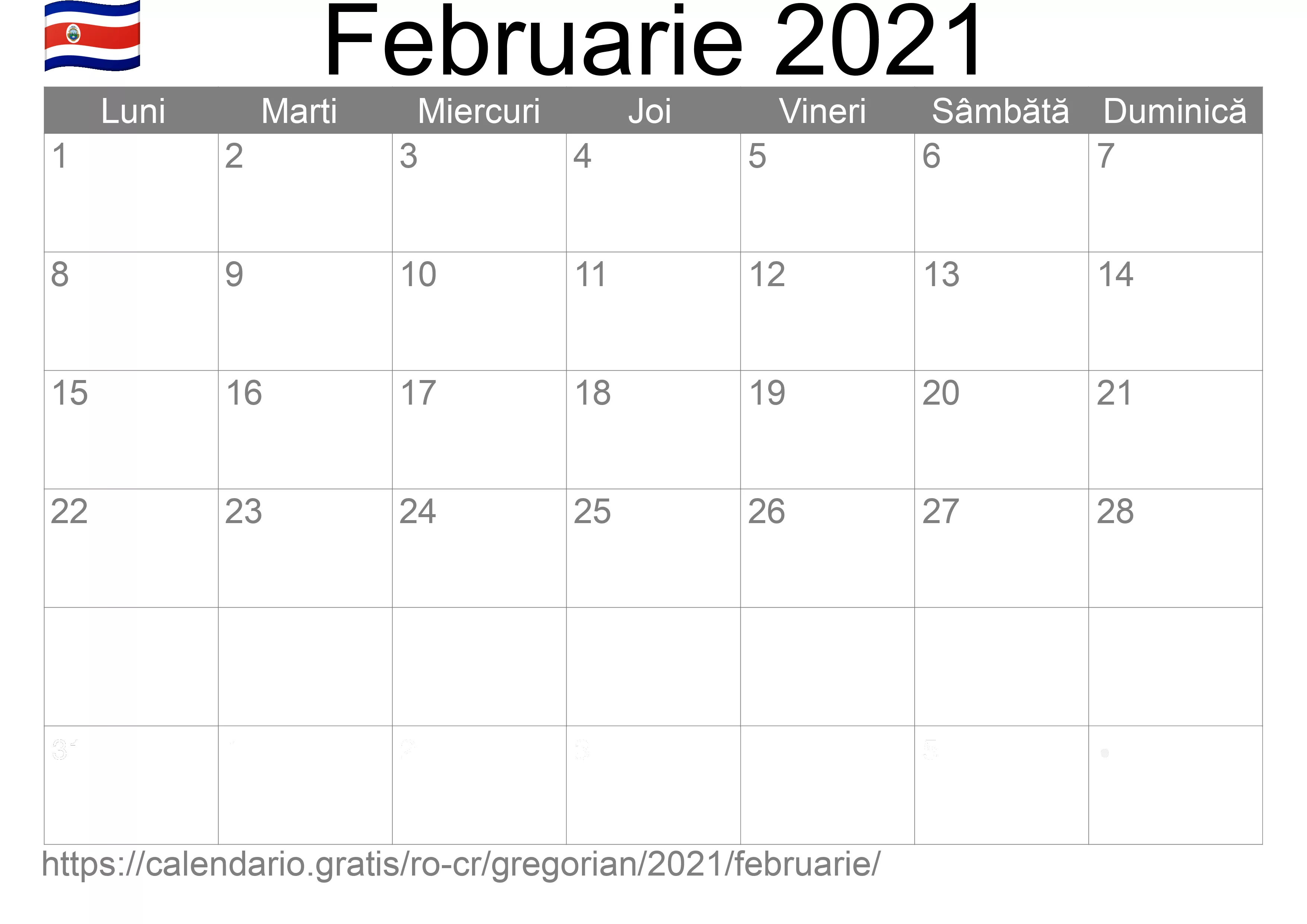 Calendar Februarie 2021 pentru imprimare (Costa Rica) Calendar Februarie 2021 pentru imprimare (Costa Rica)