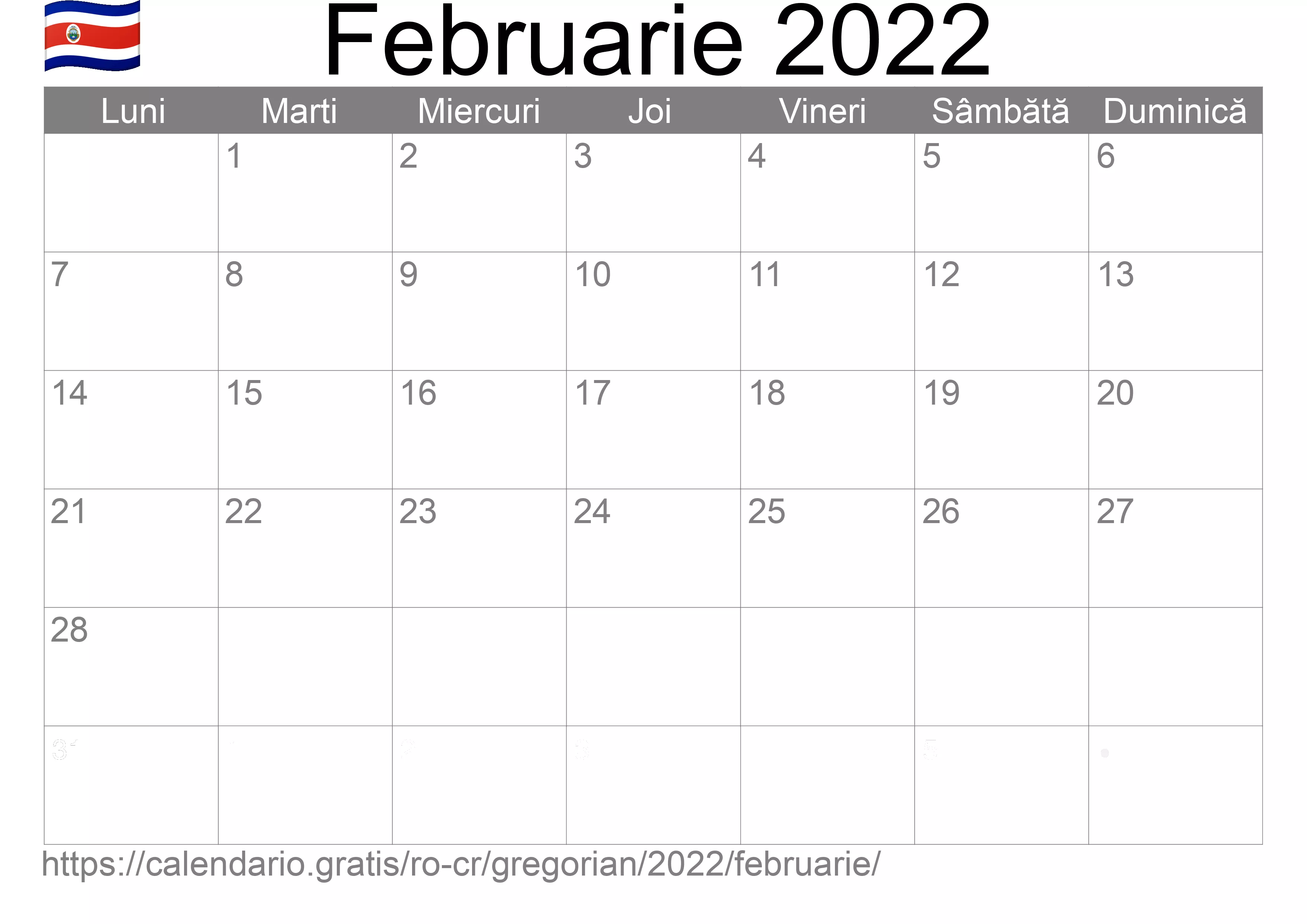 Calendar Februarie 2022 pentru imprimare (Costa Rica) Calendar Februarie 2022 pentru imprimare (Costa Rica)