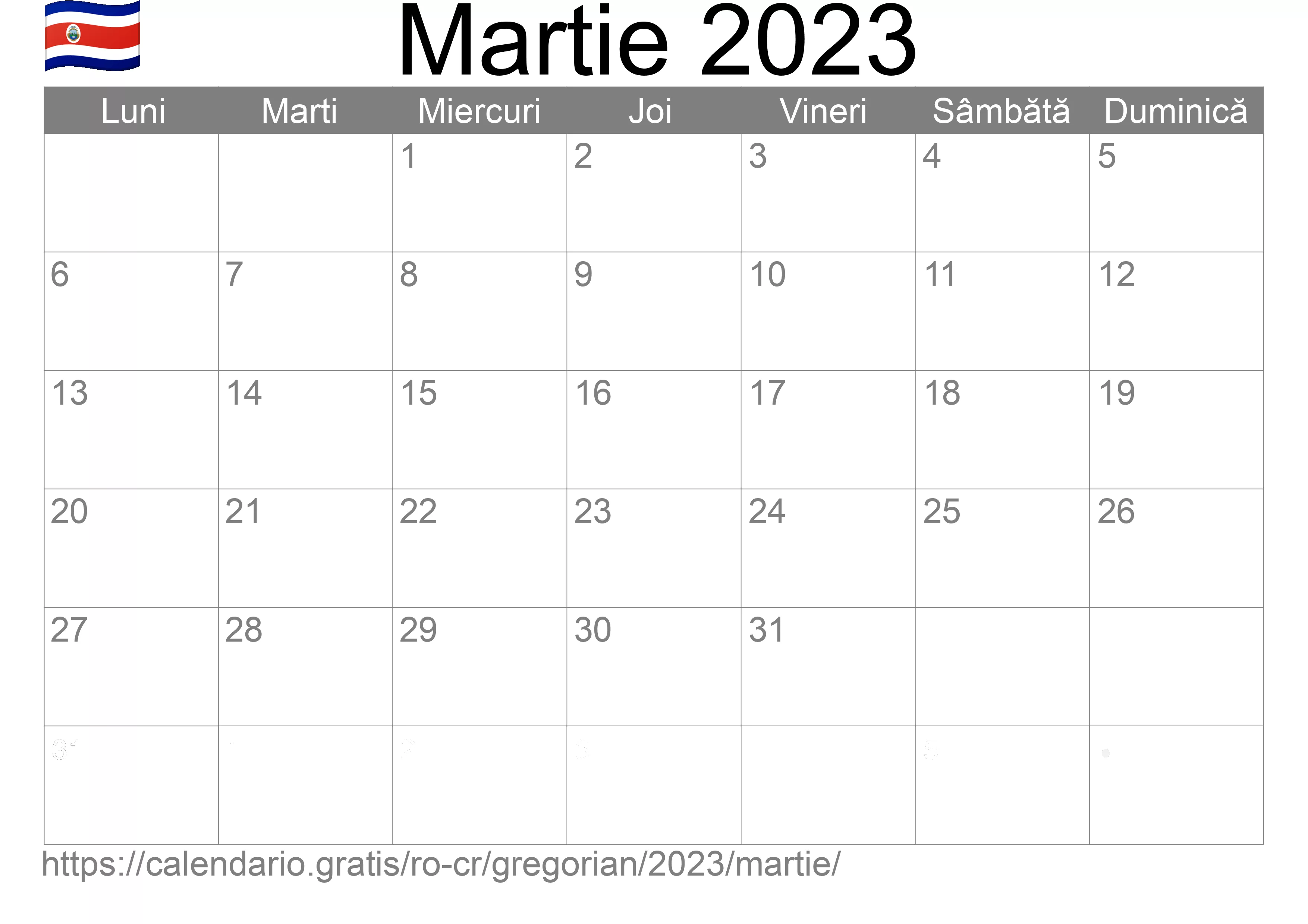 Calendar Martie 2023 pentru imprimare (Costa Rica) Calendar Martie 2023 pentru imprimare (Costa Rica)