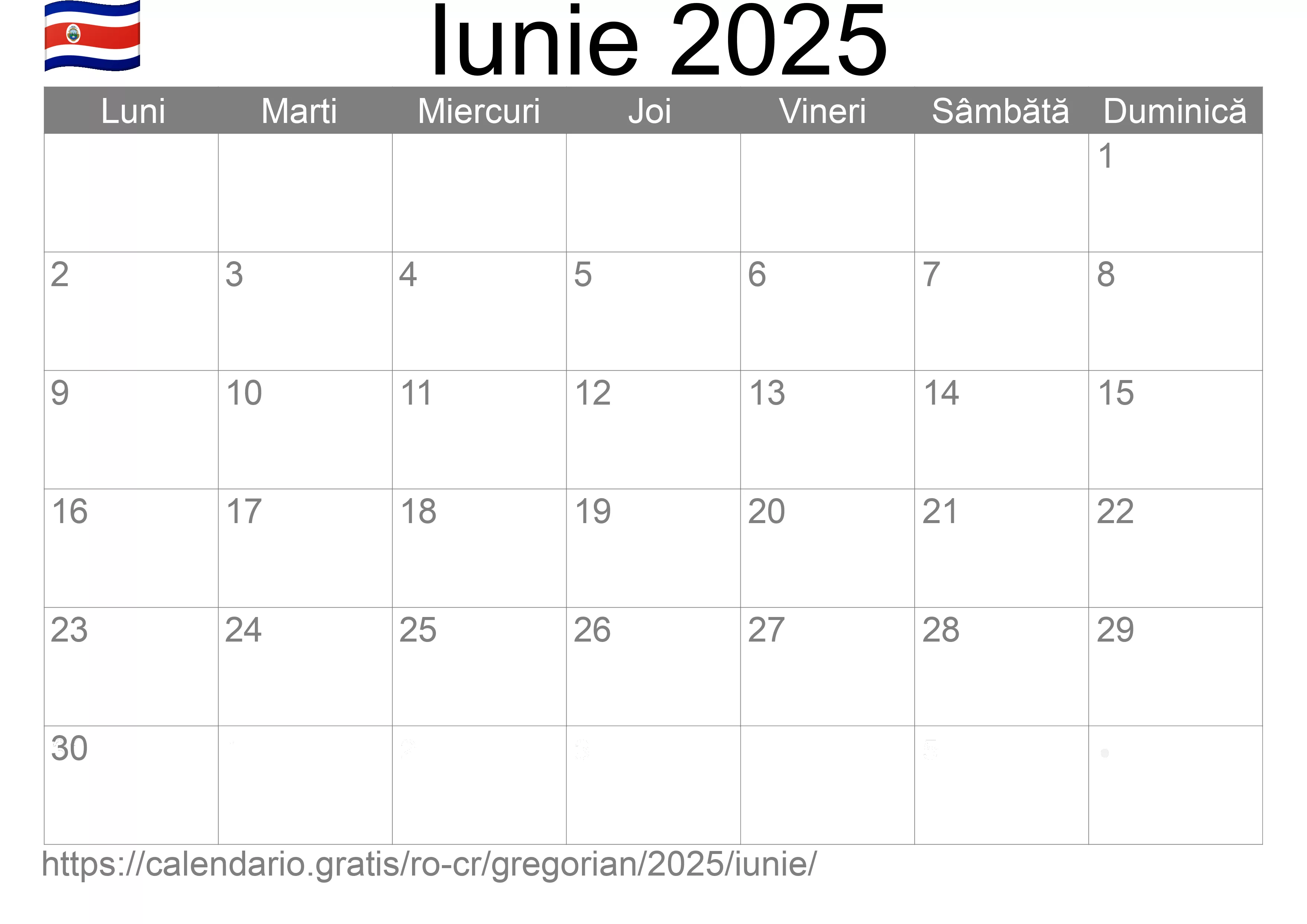 Calendar Iunie 2025 pentru imprimare (Costa Rica)