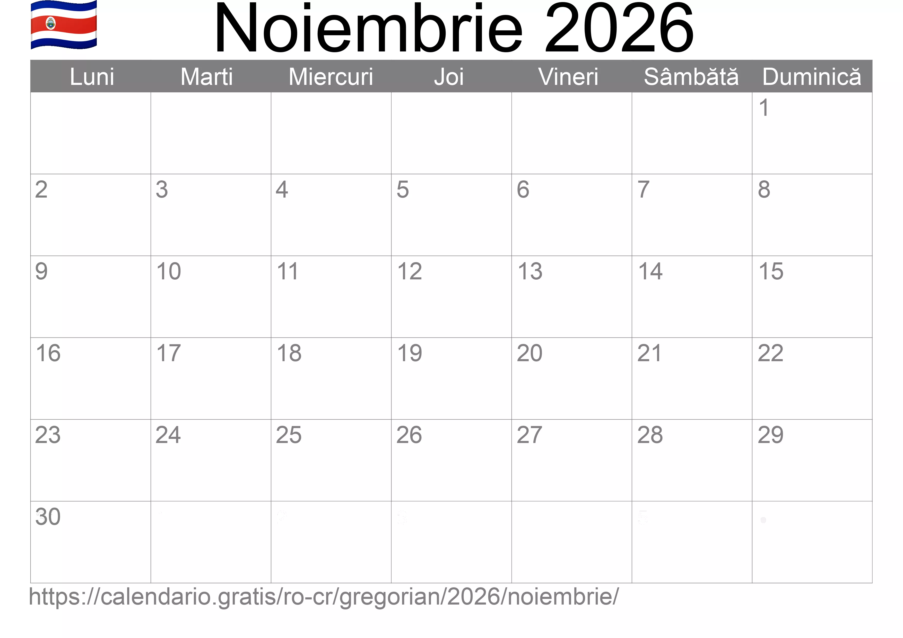 Calendar Noiembrie 2026 pentru imprimare (Costa Rica)