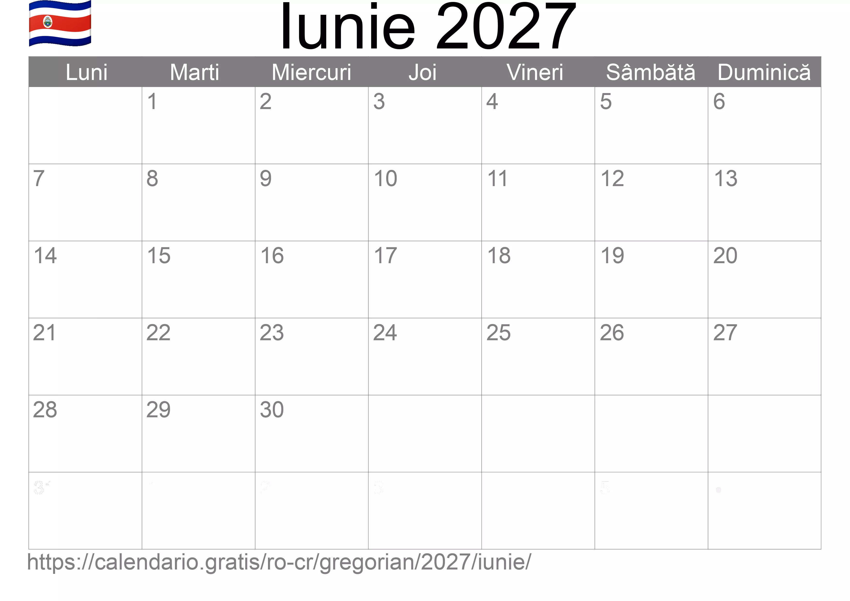 Calendar Iunie 2027 pentru imprimare (Costa Rica)