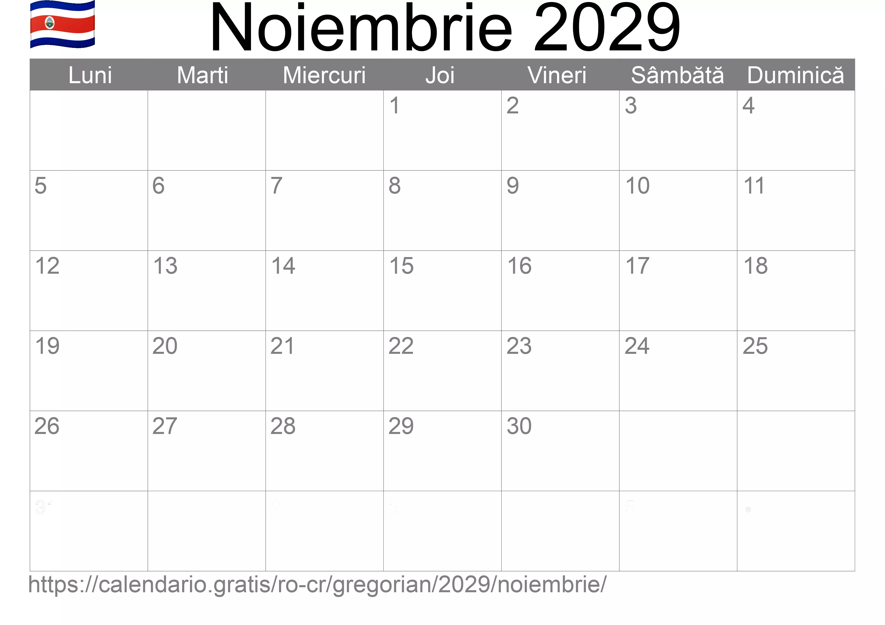 Calendar Noiembrie 2029 pentru imprimare (Costa Rica)