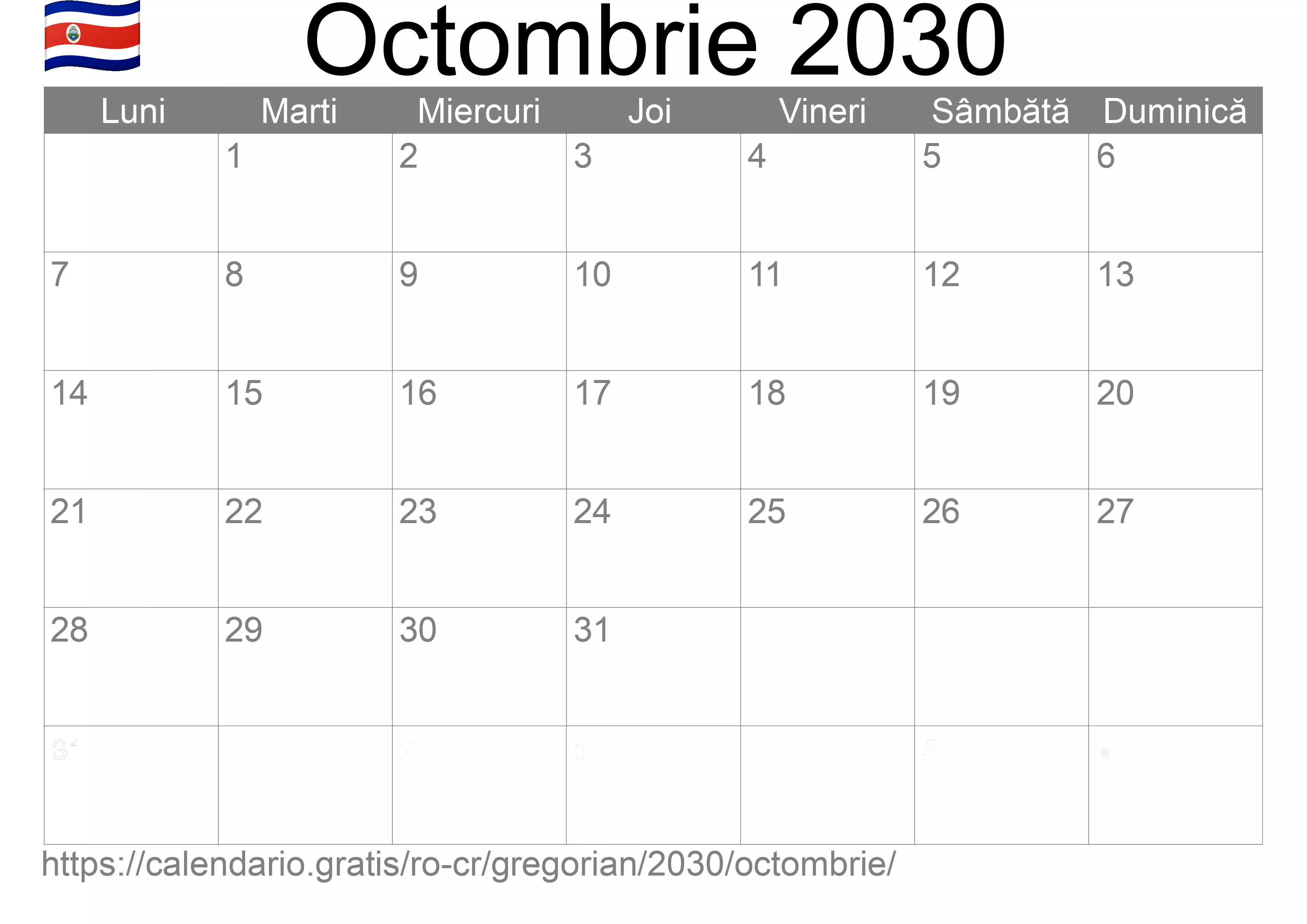 Calendar Octombrie 2030 pentru imprimare (Costa Rica) Calendar Octombrie 2030 pentru imprimare (Costa Rica)