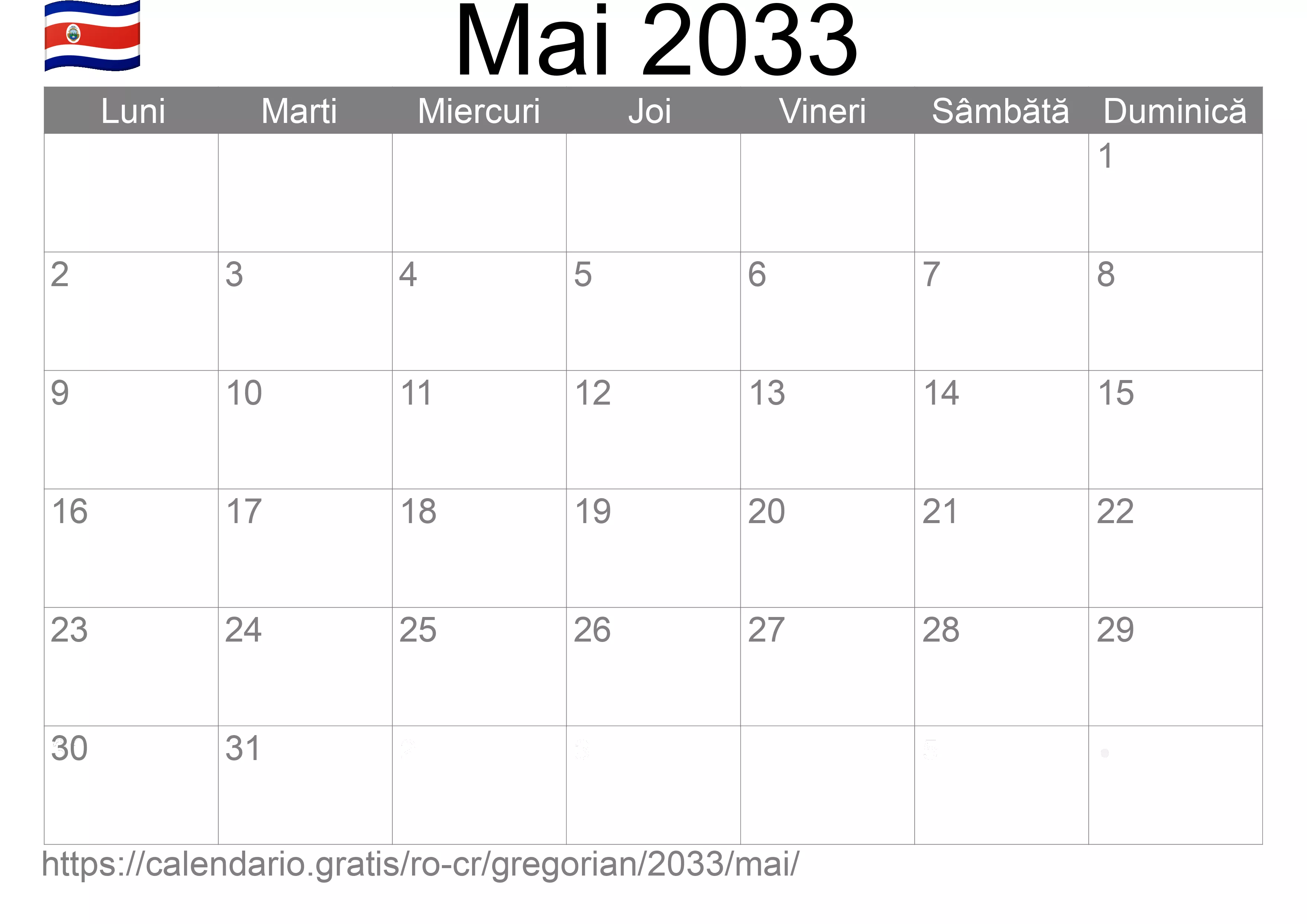 Calendar Mai 2033 pentru imprimare (Costa Rica)
