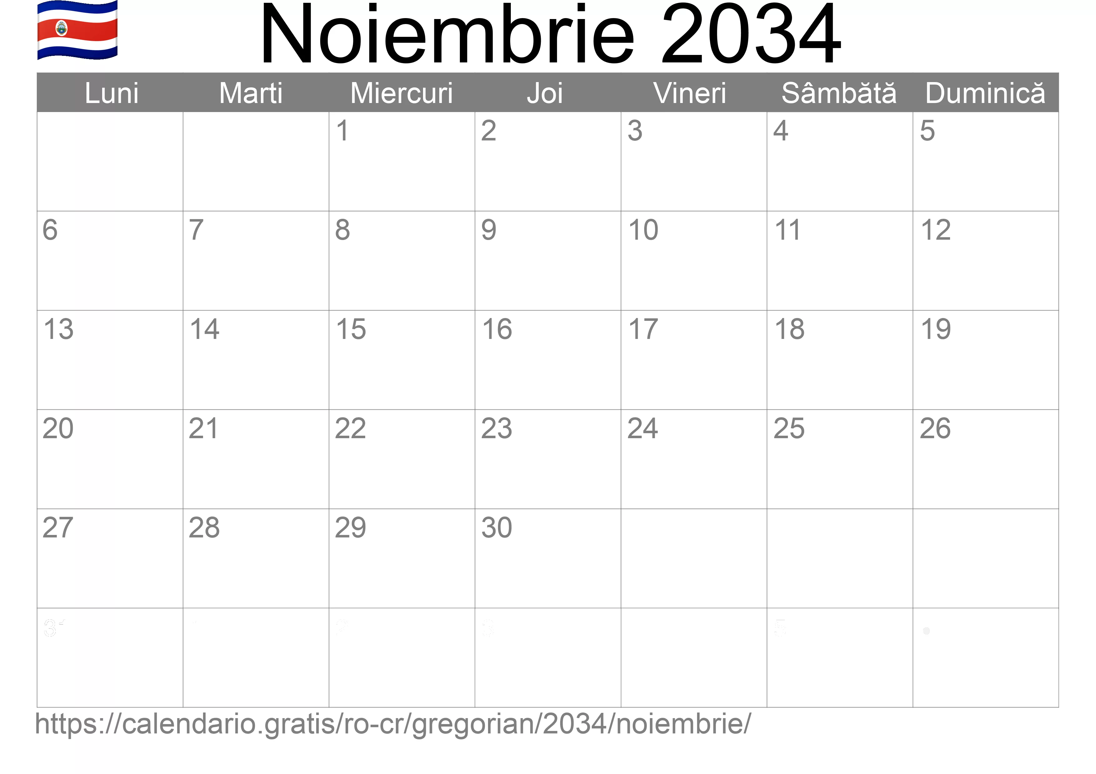 Calendar Noiembrie 2034 pentru imprimare (Costa Rica)