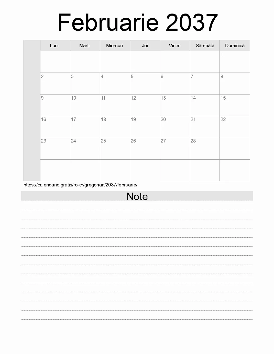 Calendar pentru Februarie 2037 de imprimat cu note. (Costa Rica) Calendar pentru Februarie 2037 de imprimat cu note. (Costa Rica)