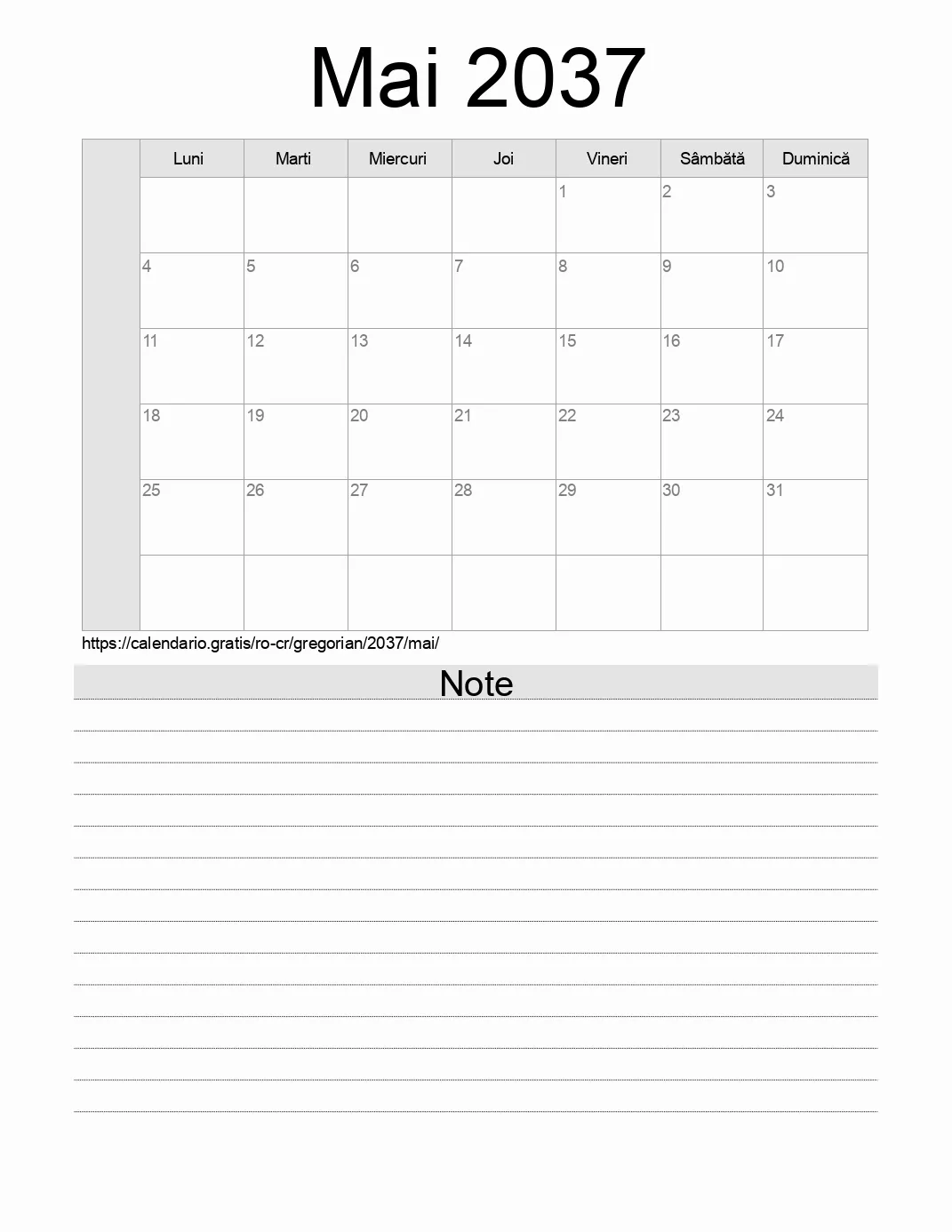 Calendar pentru Mai 2037 de imprimat cu note. (Costa Rica) Calendar pentru Mai 2037 de imprimat cu note. (Costa Rica)