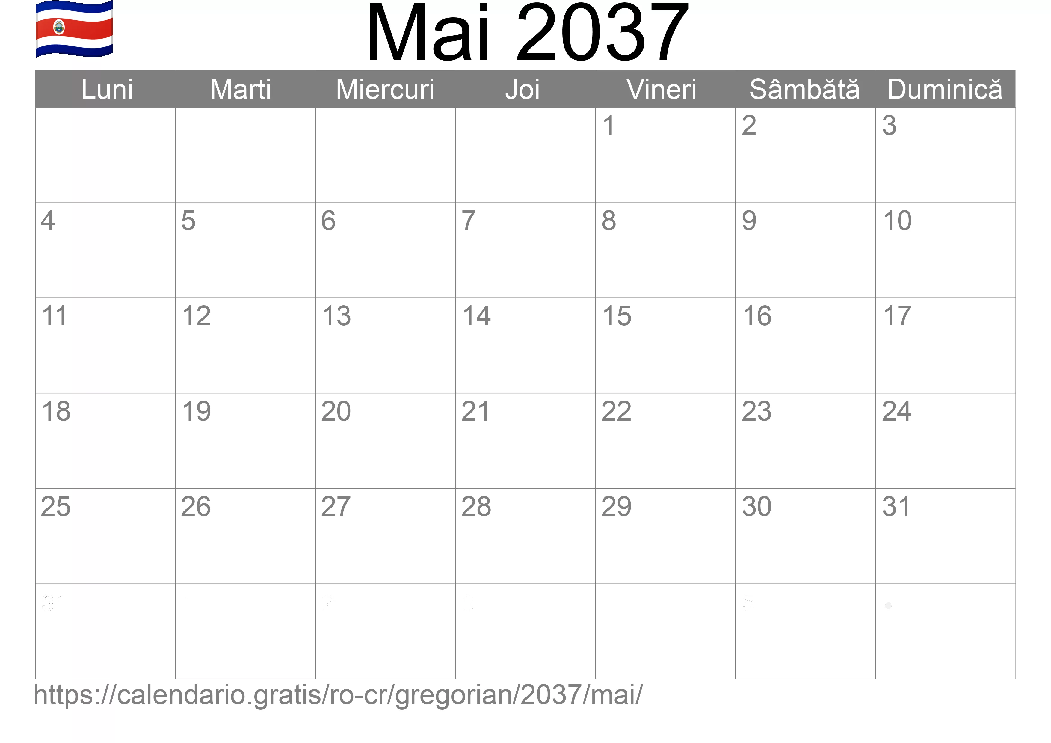 Calendar Mai 2037 pentru imprimare (Costa Rica) Calendar Mai 2037 pentru imprimare (Costa Rica)