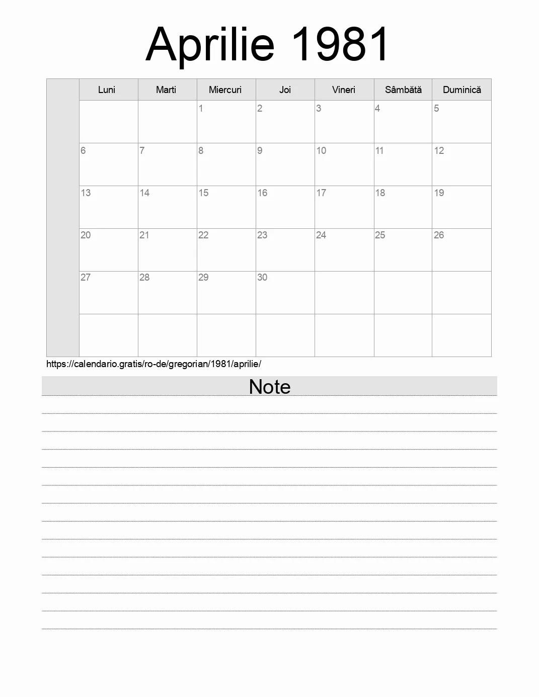 Calendar pentru Aprilie 1981 de imprimat cu note. (Germania)