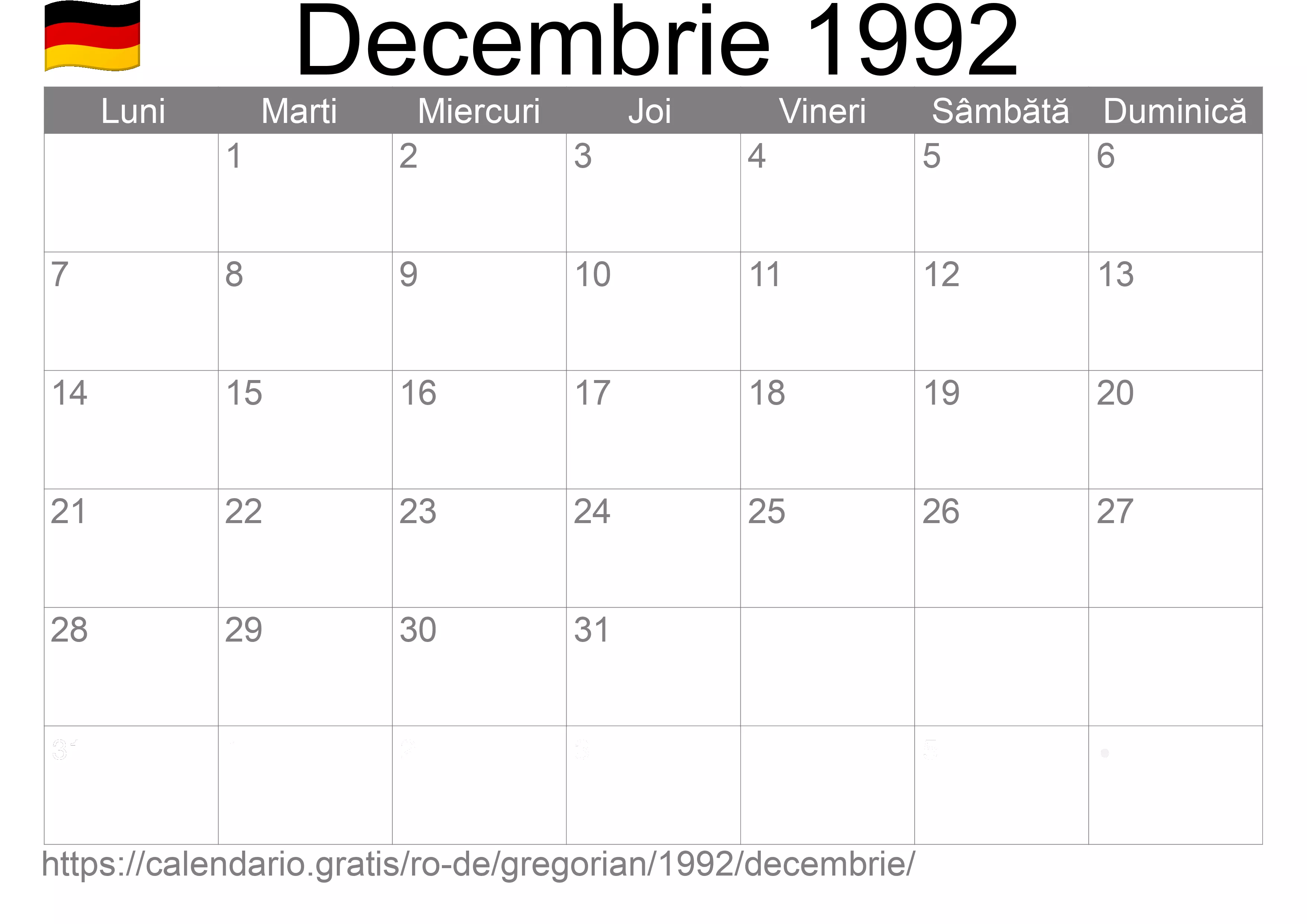 Calendar Decembrie 1992 pentru imprimare (Germania) Calendar Decembrie 1992 pentru imprimare (Germania)