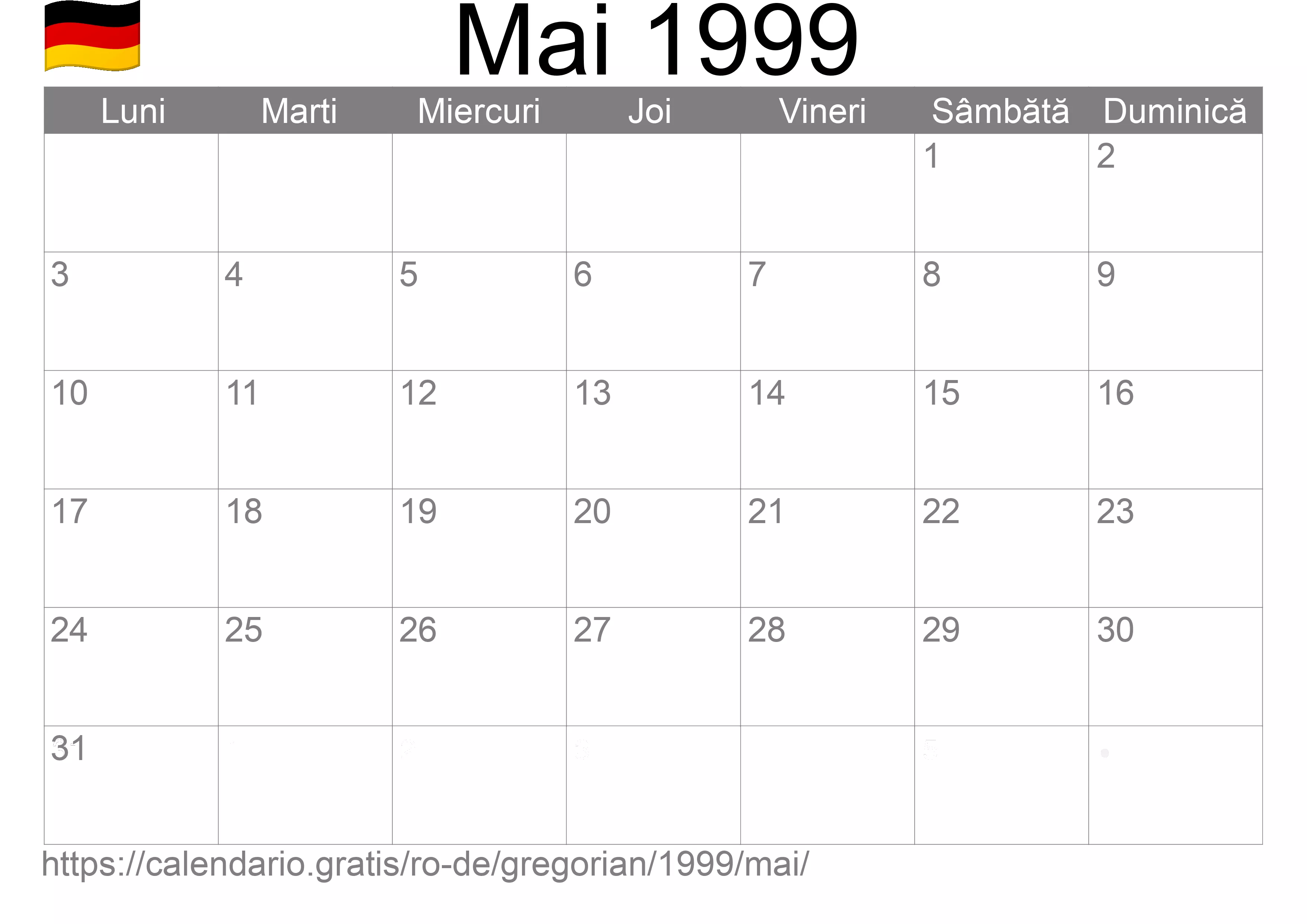 Calendar Mai 1999 pentru imprimare (Germania)