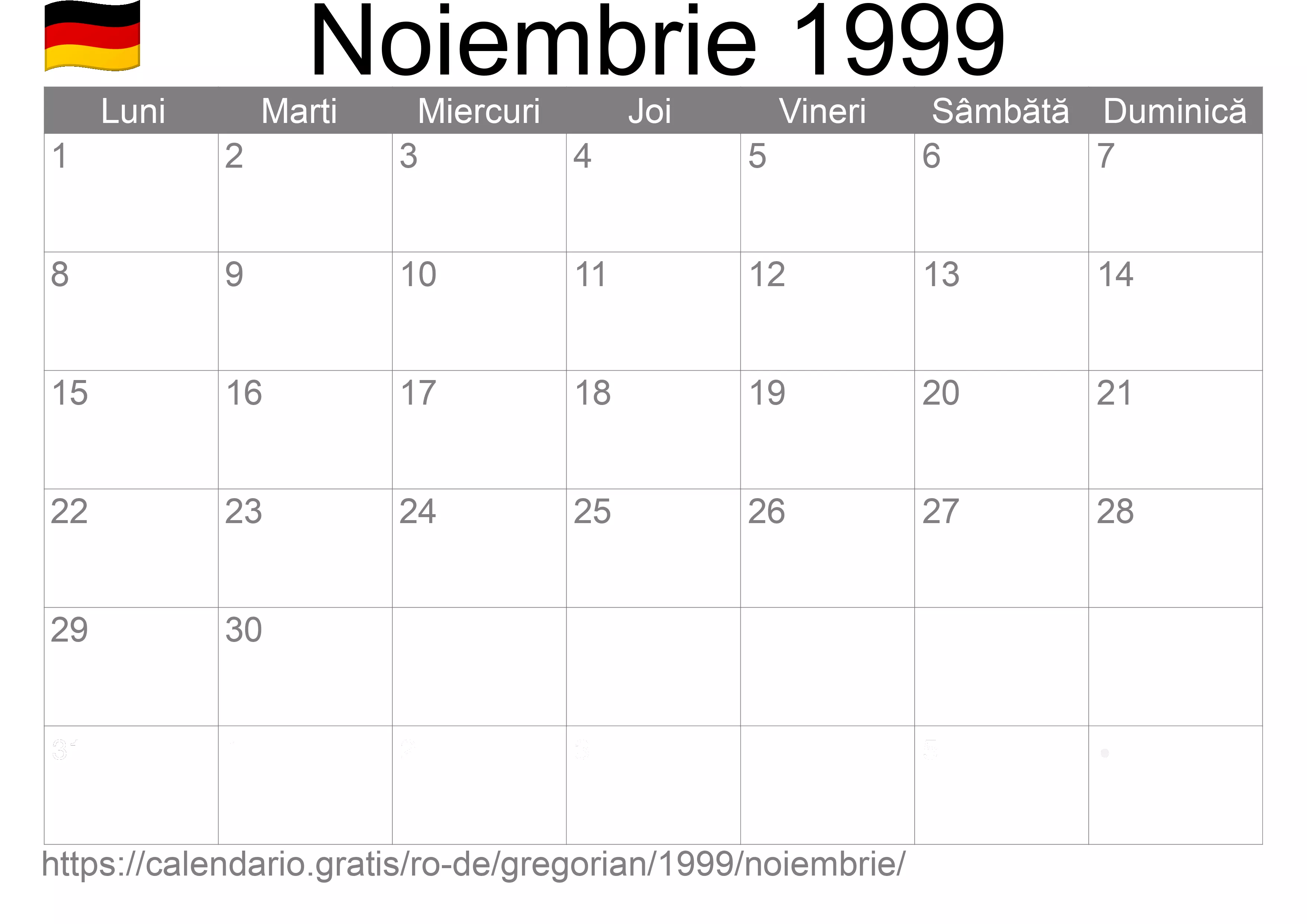 Calendar Noiembrie 1999 pentru imprimare (Germania)