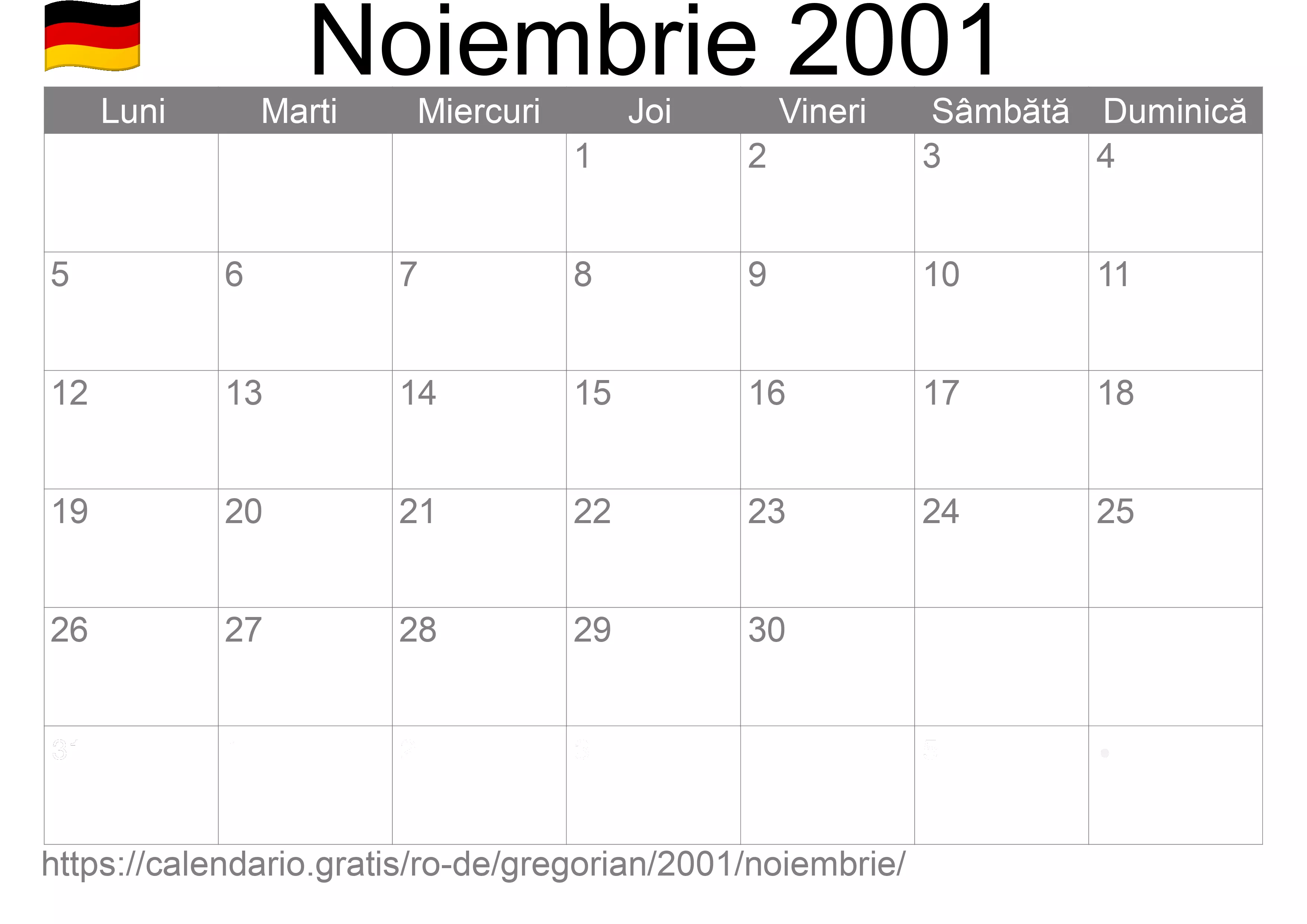 Calendar Noiembrie 2001 pentru imprimare (Germania)