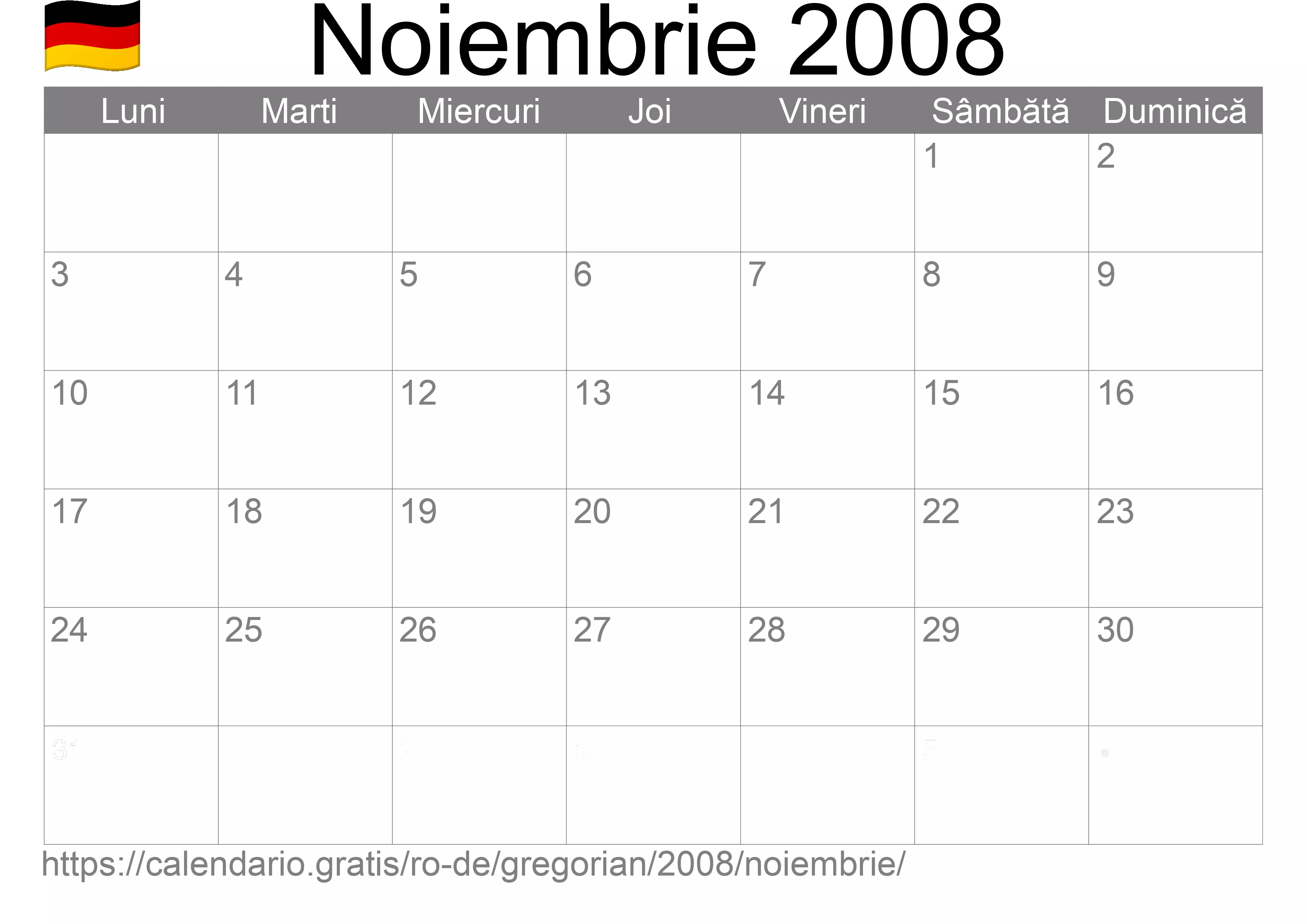 Calendar Noiembrie 2008 pentru imprimare (Germania)