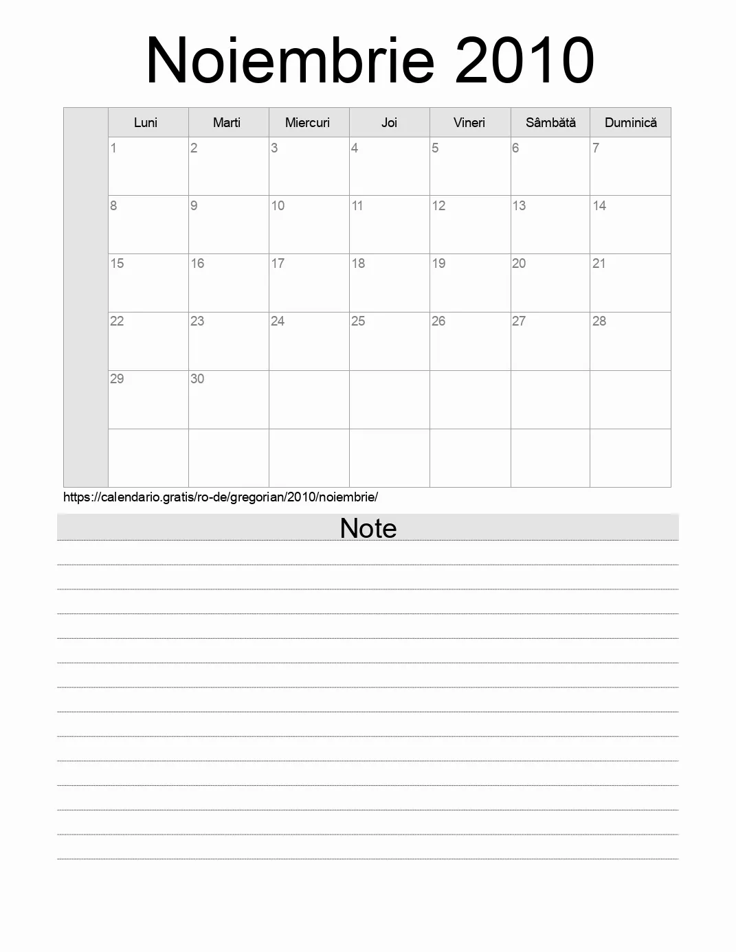 Calendar pentru Noiembrie 2010 de imprimat cu note. (Germania)