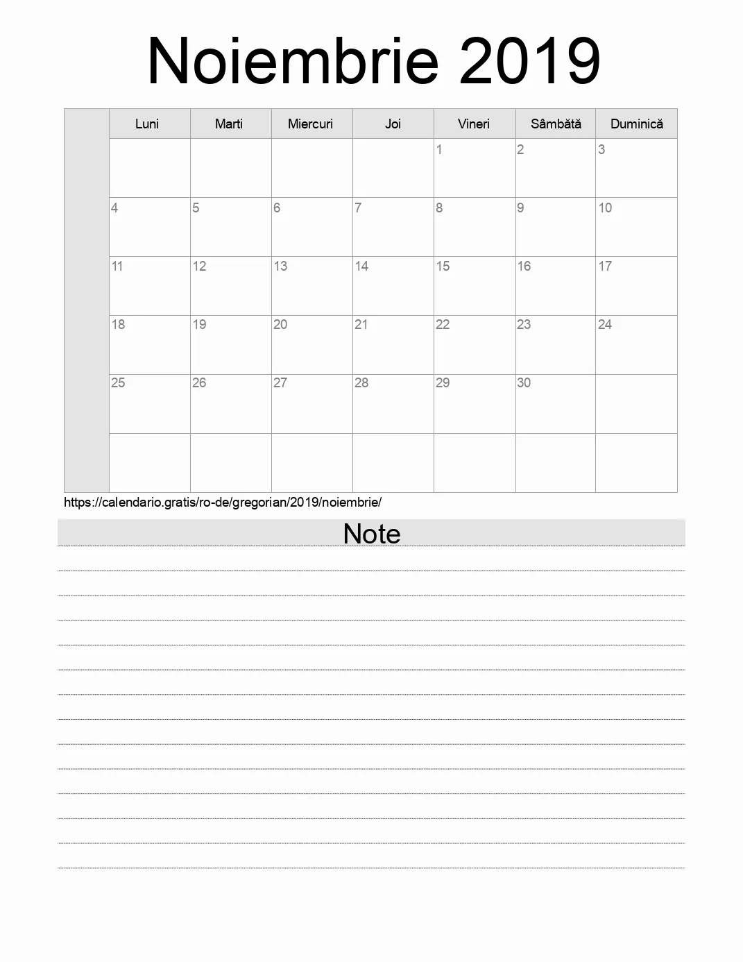 Calendar pentru Noiembrie 2019 de imprimat cu note. (Germania)