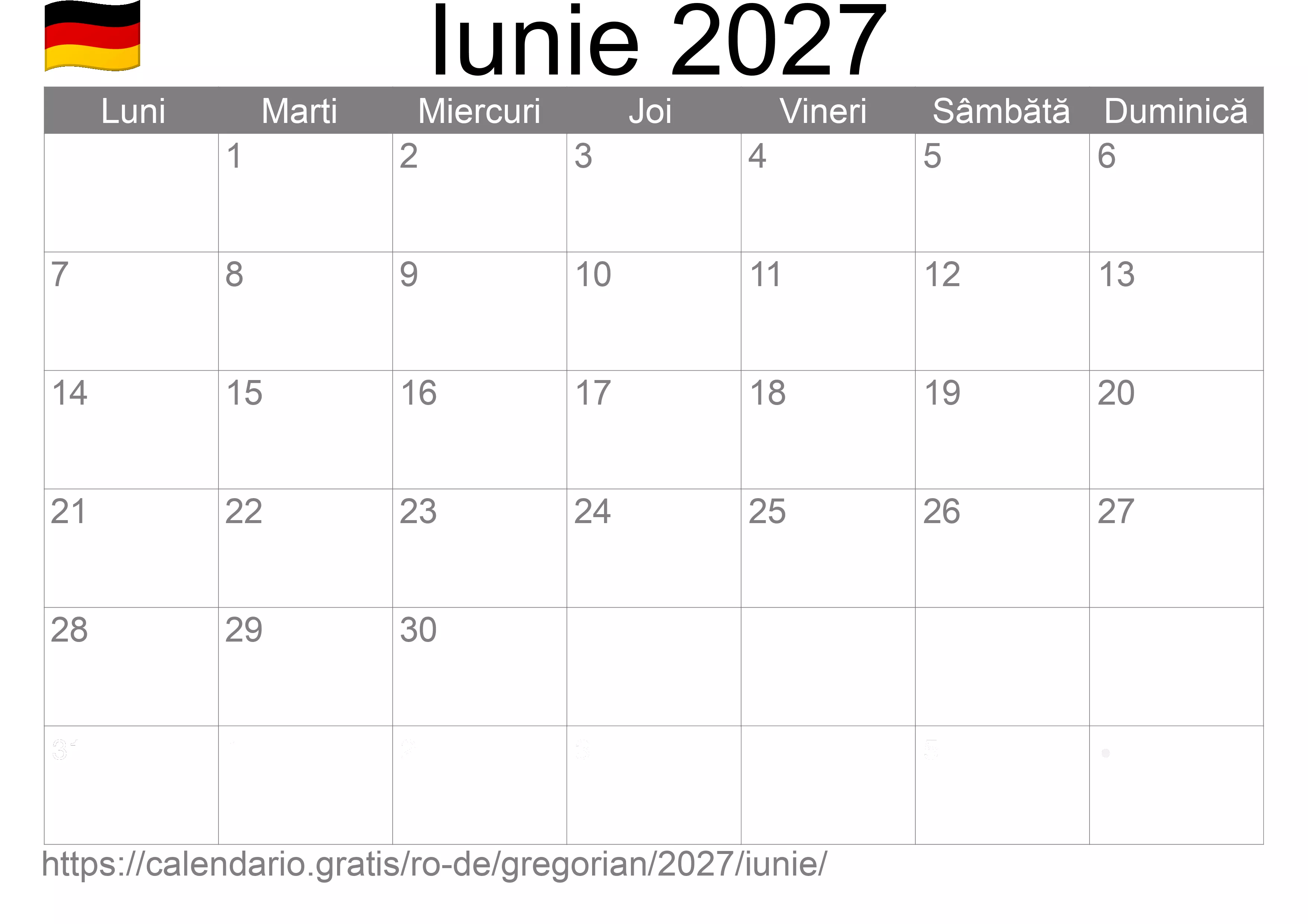 Calendar Iunie 2027 pentru imprimare (Germania) Calendar Iunie 2027 pentru imprimare (Germania)